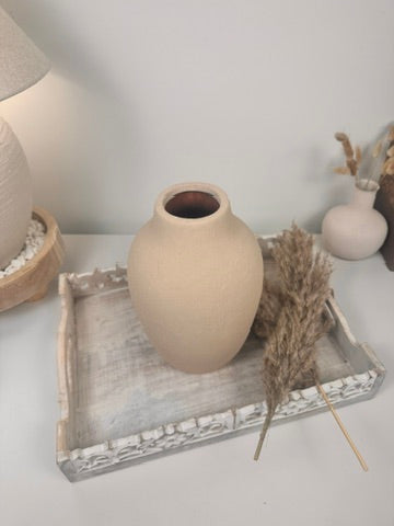 Minimalist Textured and Hand-Painted Ceramic Vase 10.5" tall -  Sand Tan
