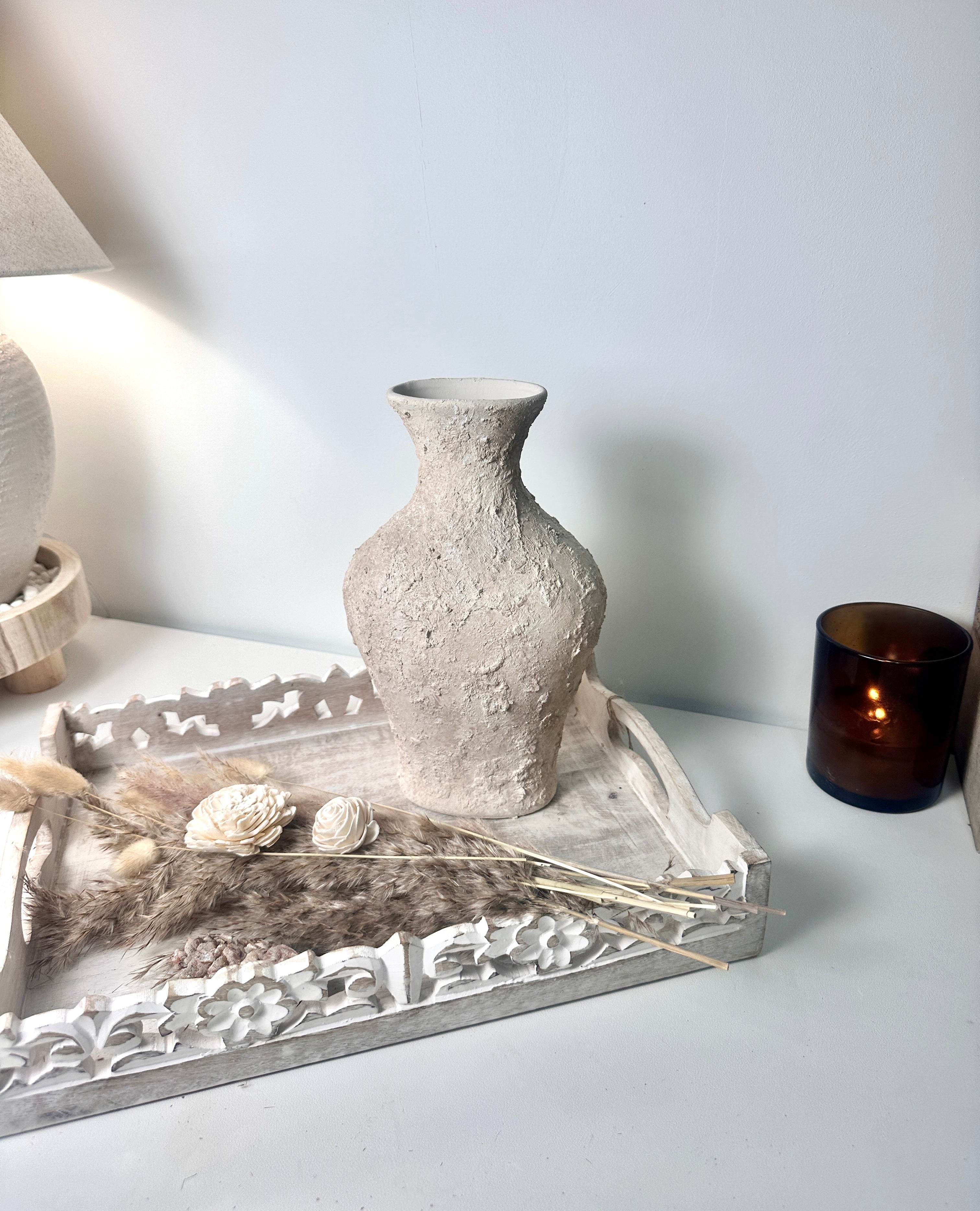 Minimalist Textured Hand-painted Ceramic Decorative Vase 11"  - Cream wash