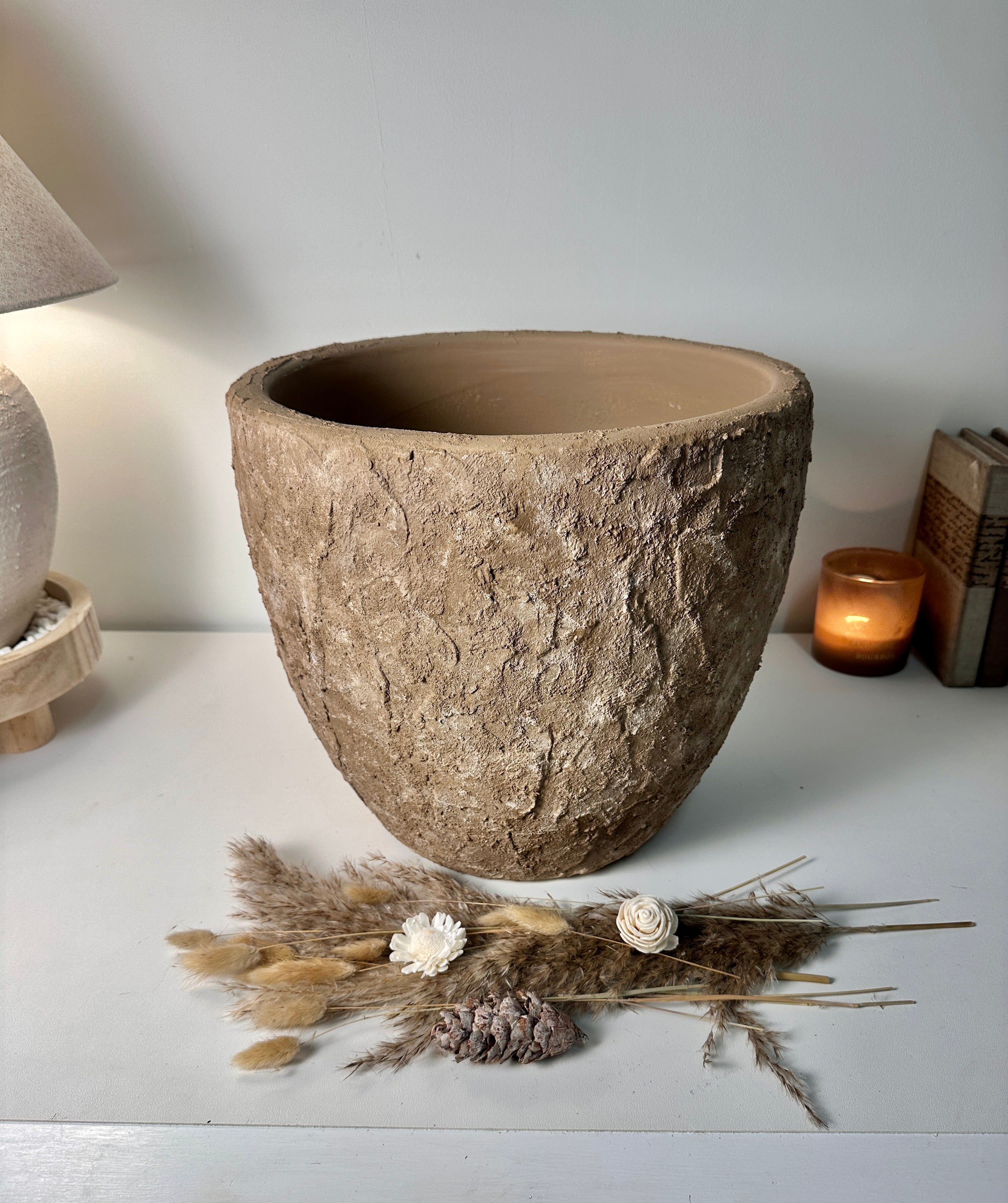 Rustic Hand-Painted & Textured Planter Pot 13" tall with drainage hole one time creation - Earth Brown on Brown