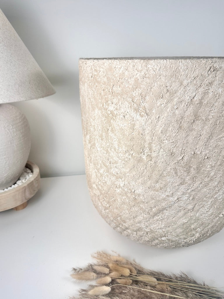 Minimalist Hand-Painted & Textured Planter Pot 17.5" tall with drainage hole one time creation - cream sand washed