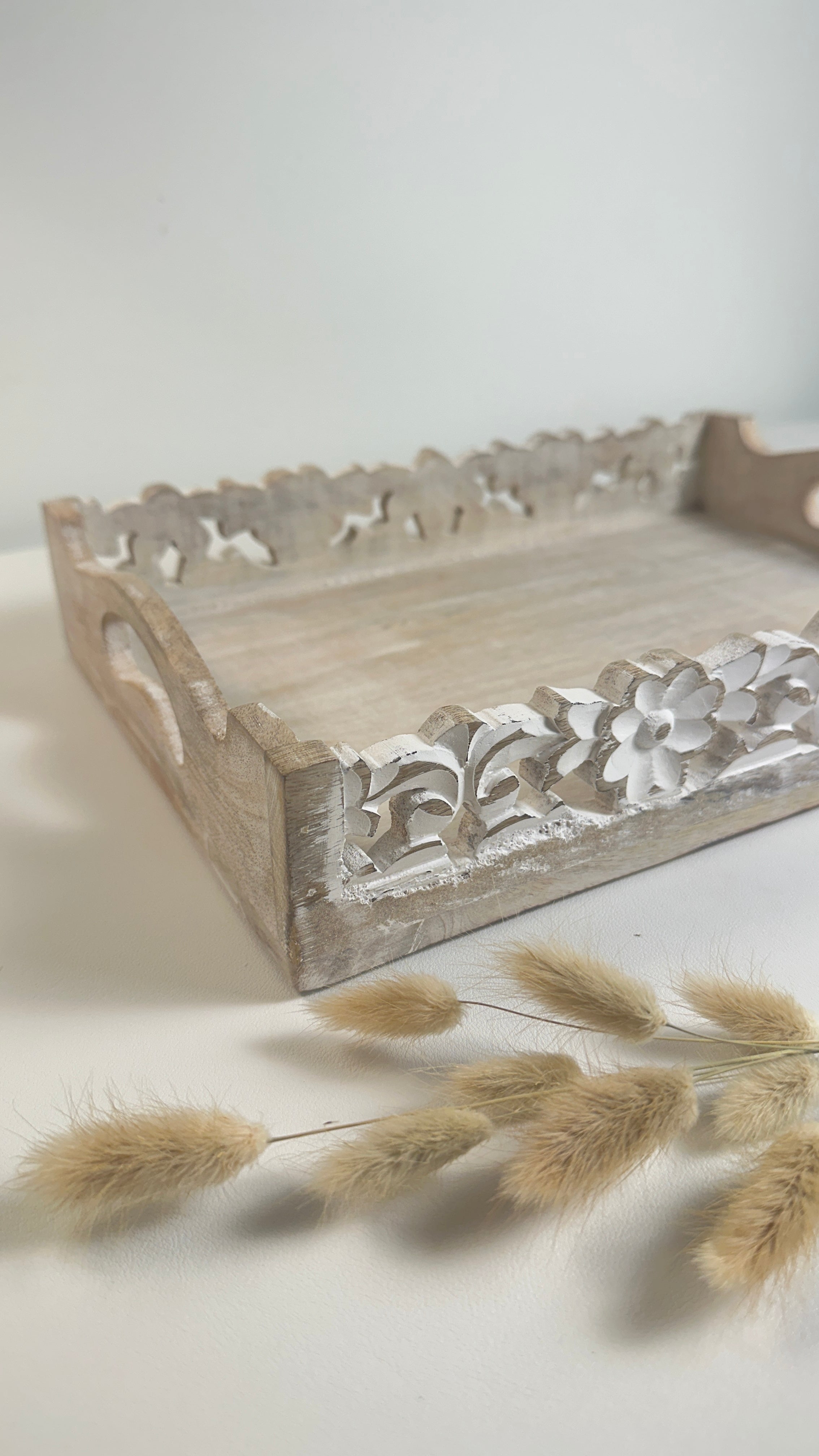Boho Handmade Decorative Serving Wooden Tray Whitewashed