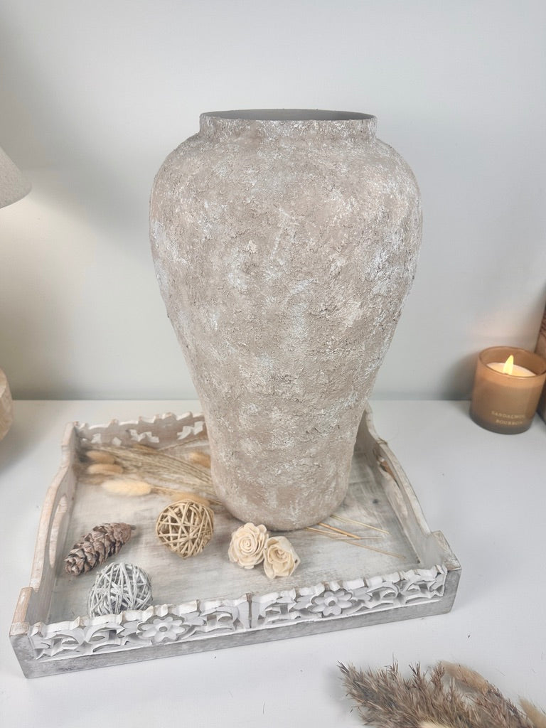 Minimalist Rustic Vase 19.5" tall Textured Hand-painted Ceramic  - Beige washed