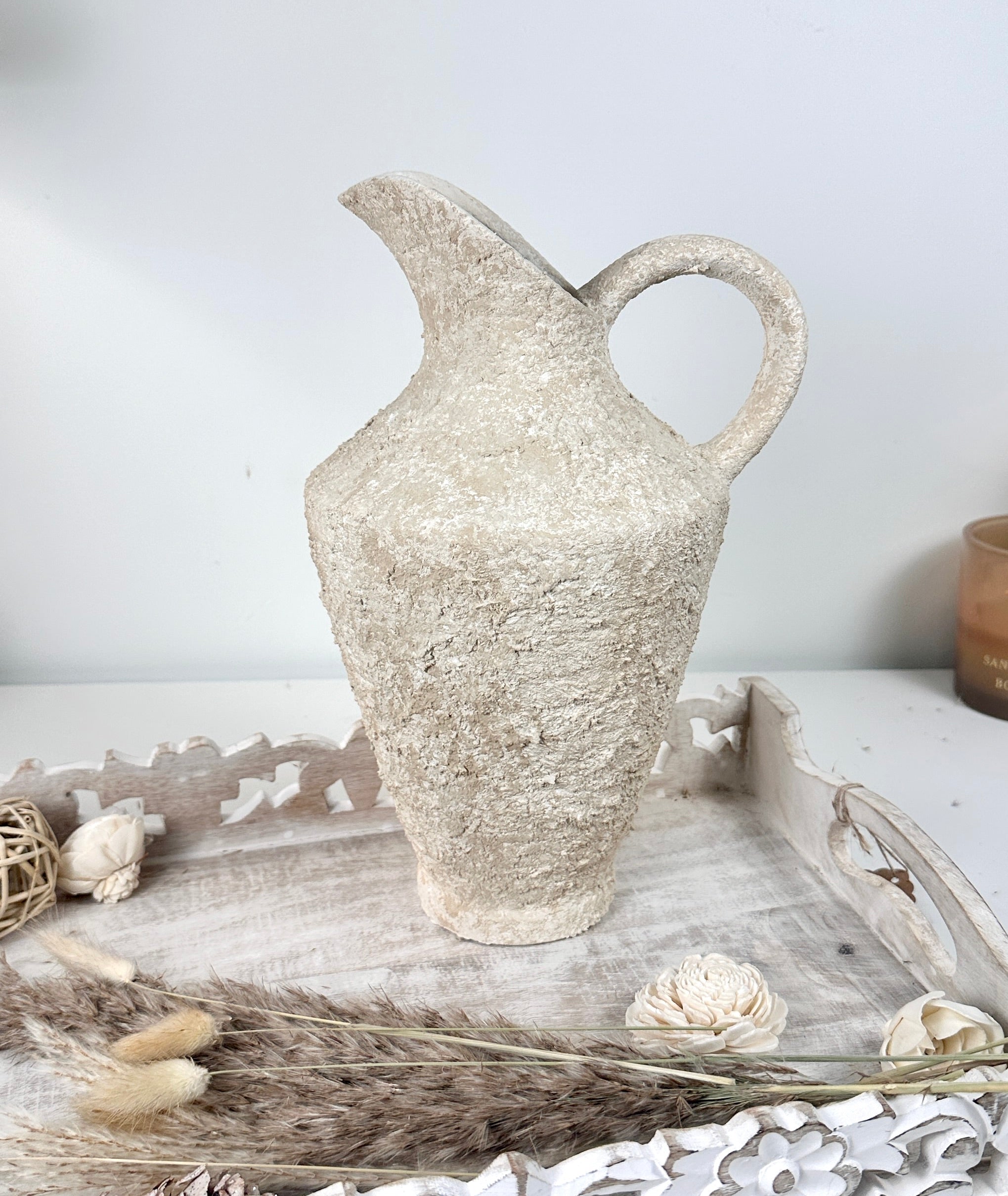 Decorative Textured Hand-painted Pitcher Vase Cream Sand washed 12"