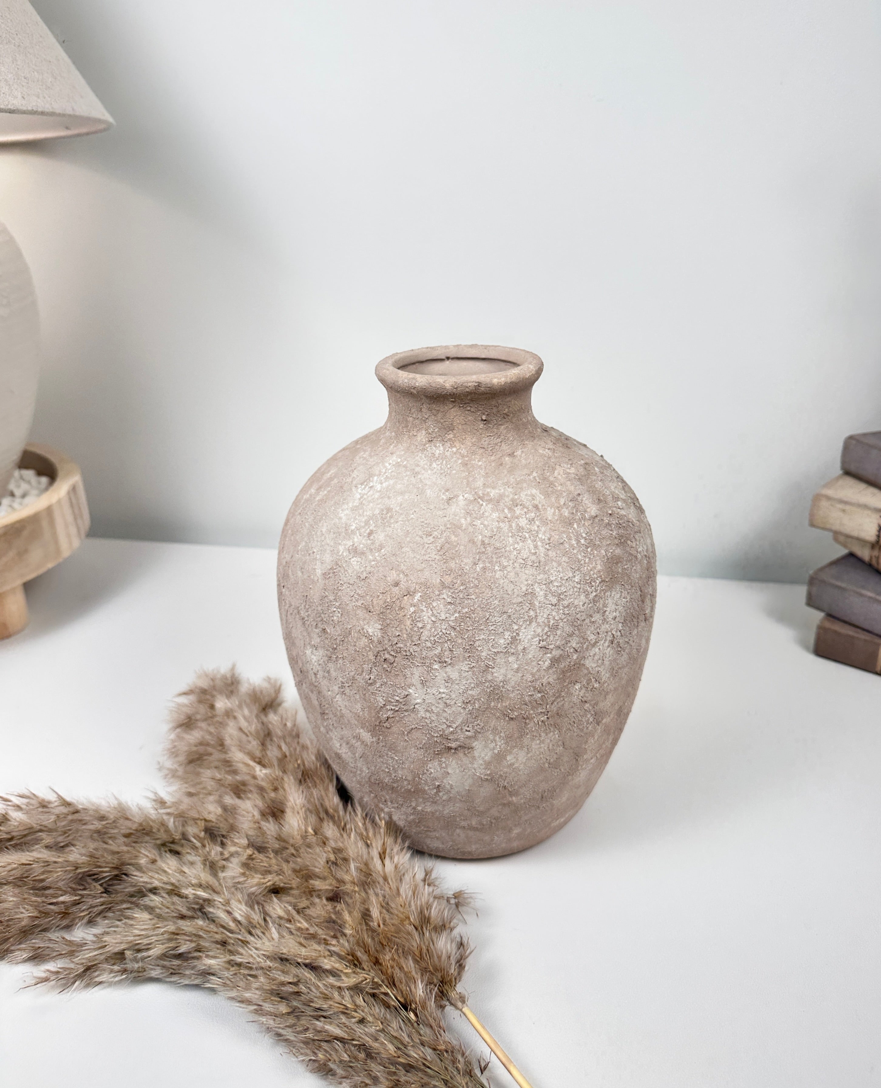 Minimalist Hand-Painted Textured Ceramic Vase 10" tall -  Beige Washed