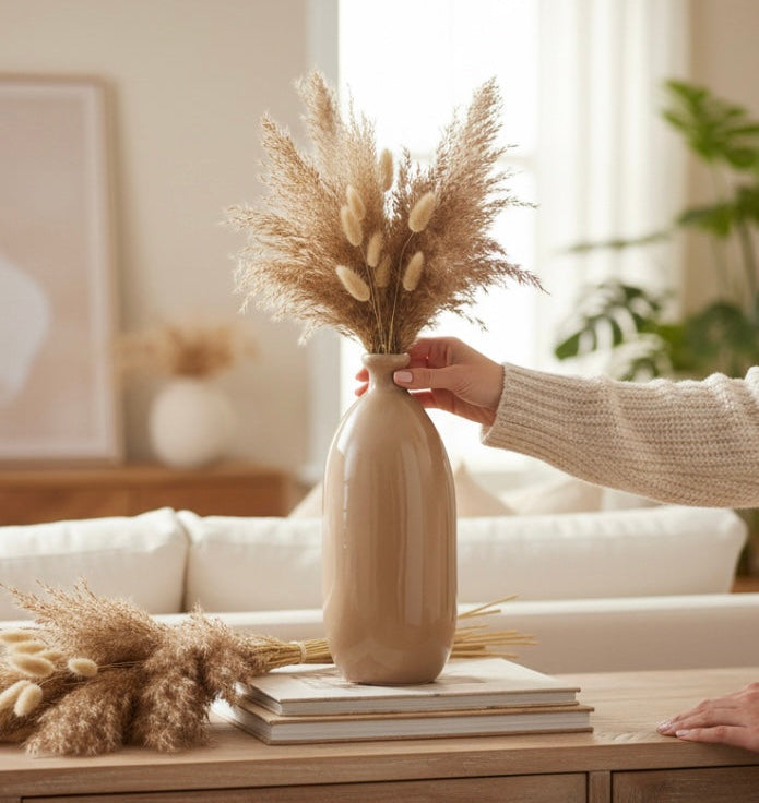 Contemporary Spanish Handcrafted Decorative Glass Vase, Tan, Modern Cylindrical Design 14"