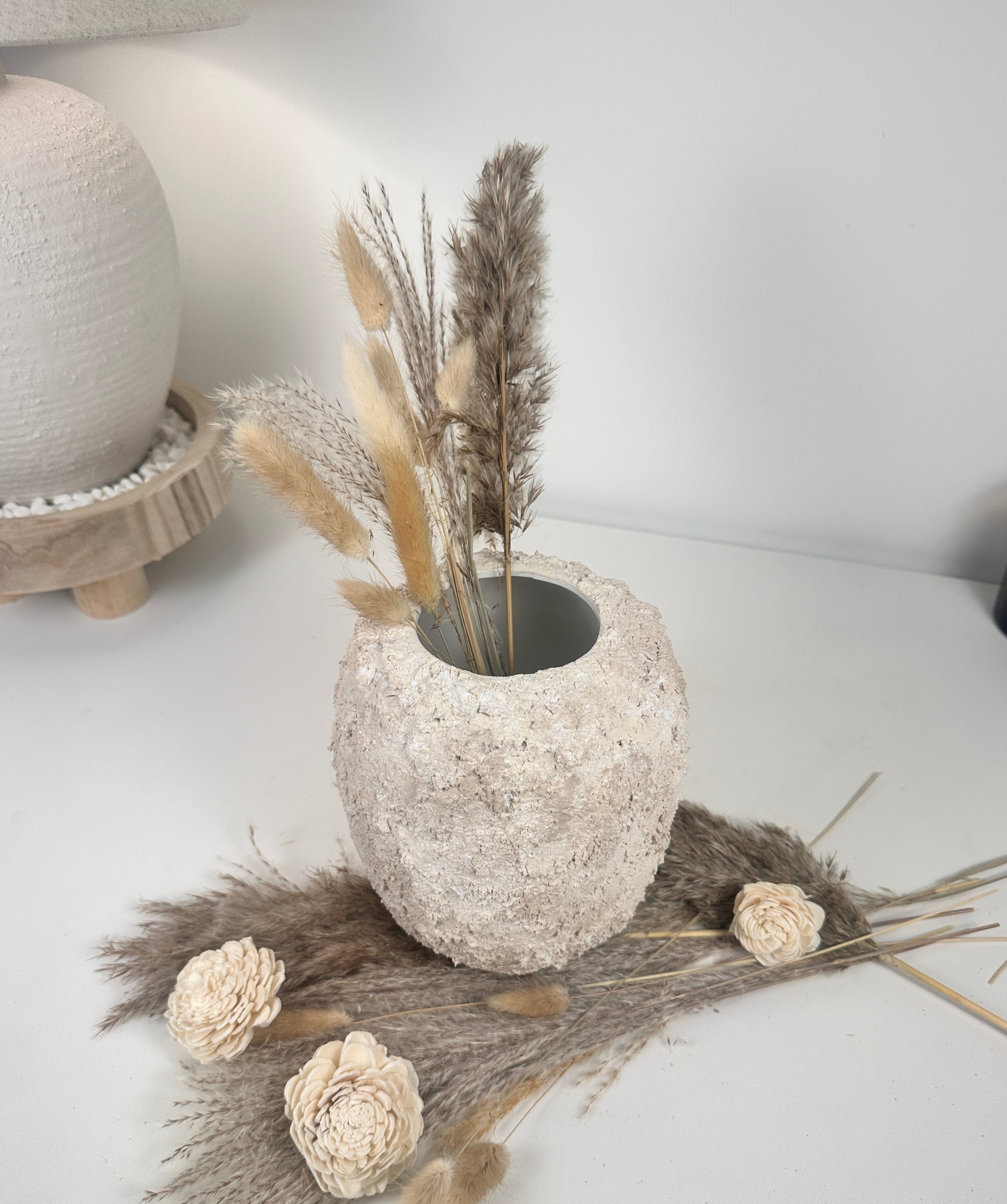 Minimalist Hand-Painted Textured Ceramic Round Vase 7" tall - cream sand wash