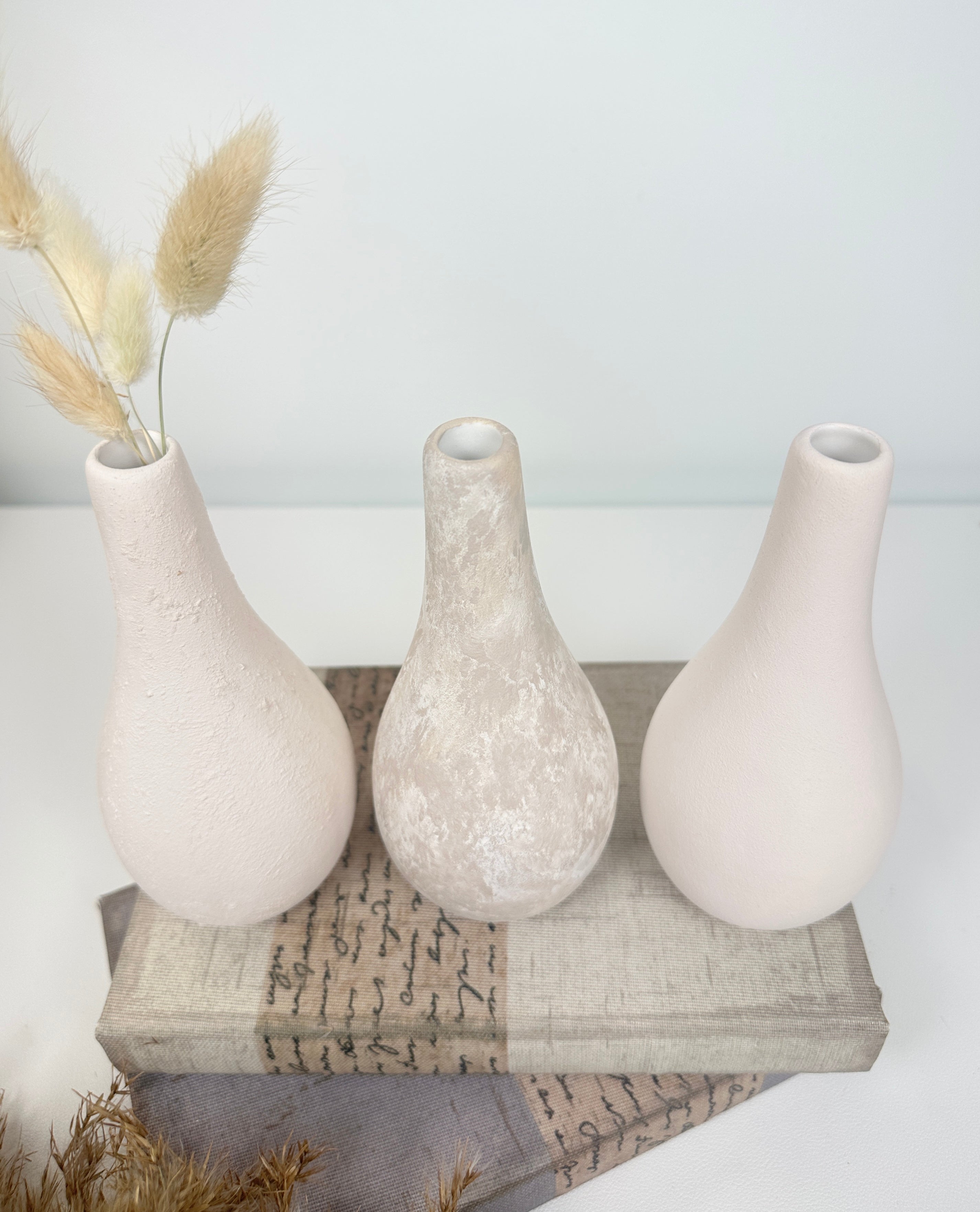 Handcrafted Set of 3 Small Vases 6" tall Cream/ Beige Washed/ Textured Cream