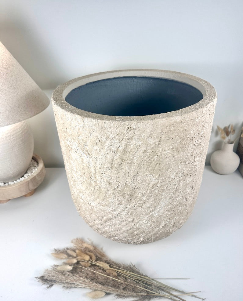 Minimalist Hand-Painted & Textured Planter Pot 17.5" tall with drainage hole one time creation - cream sand washed