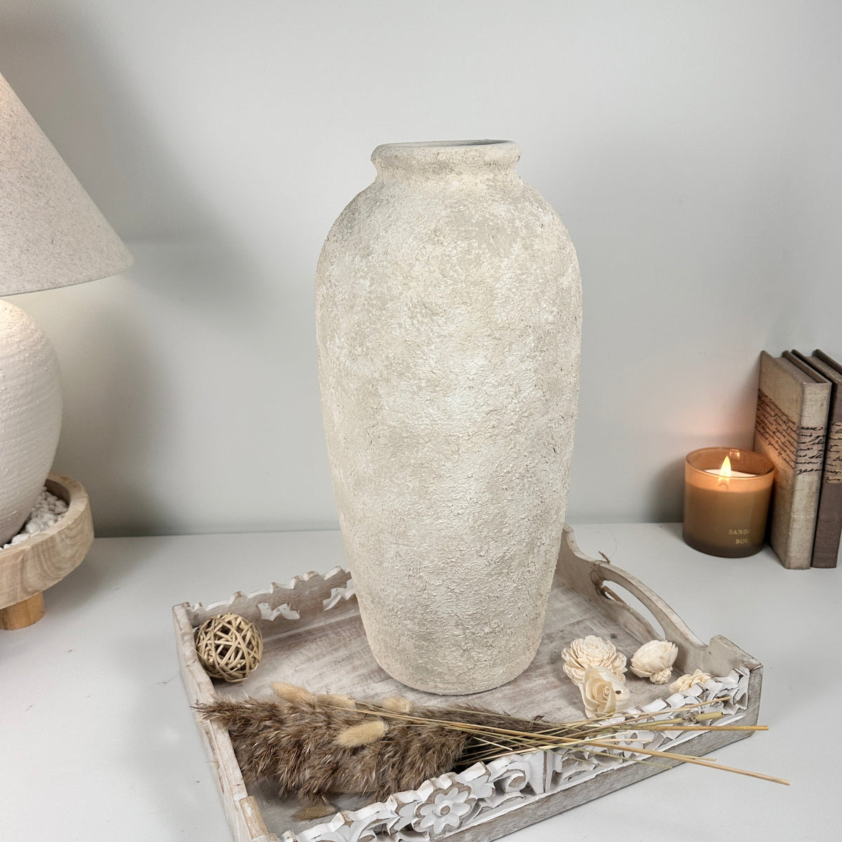 Minimalist Vase 18" tall Textured Hand-painted Ceramic  - Off White washed