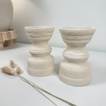 Set of 2 Candle Holders Minimalist Style Hand-Painted and Textured Wood 6" tall each - Cream White