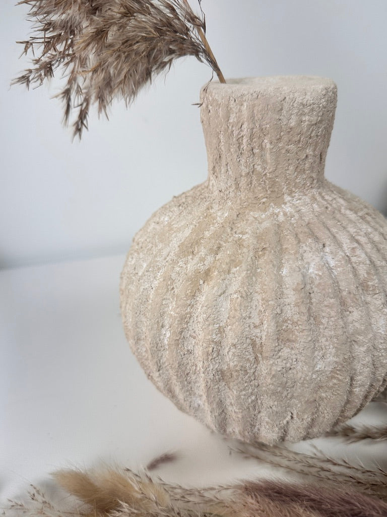 Rustic Minimalist Textured Hand-painted Ceramic Vase 8" tall - Beige Sand Washed