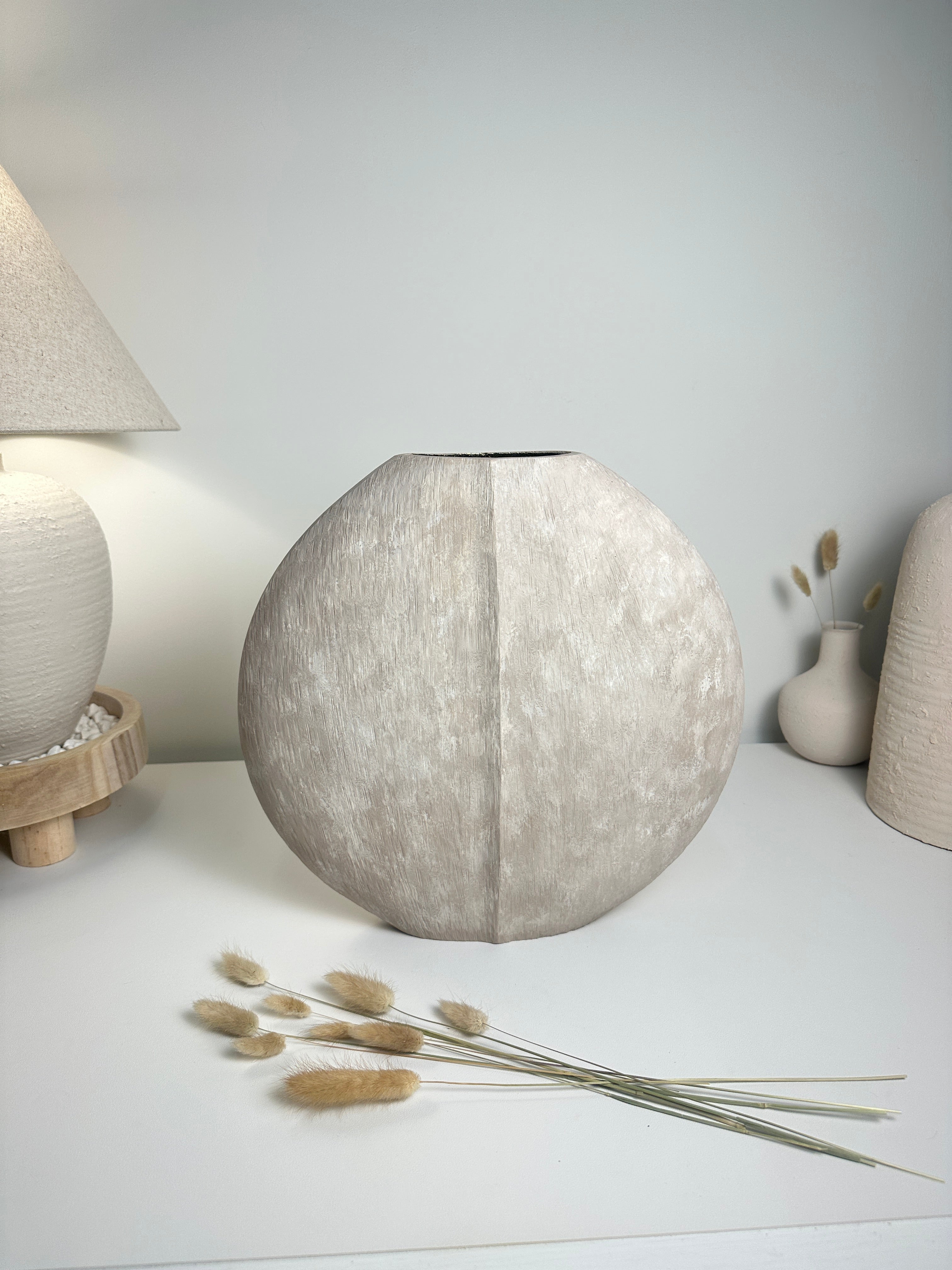 Modern Round metallic Beige Washed vase 14” tall