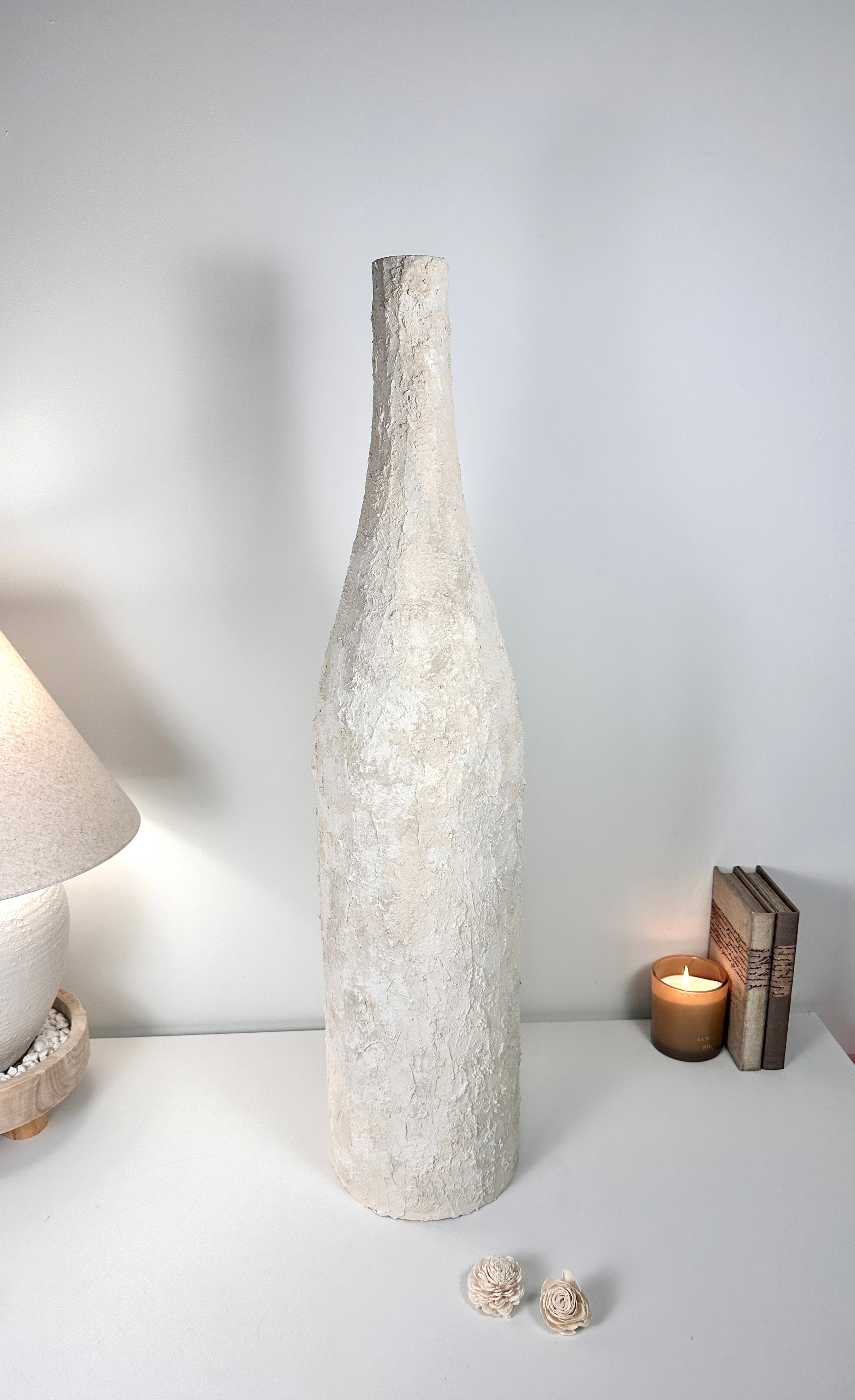 Art Piece 36" Tall Floor Vase Metal/Plaster Textured Minimalist Style - Off White Washed