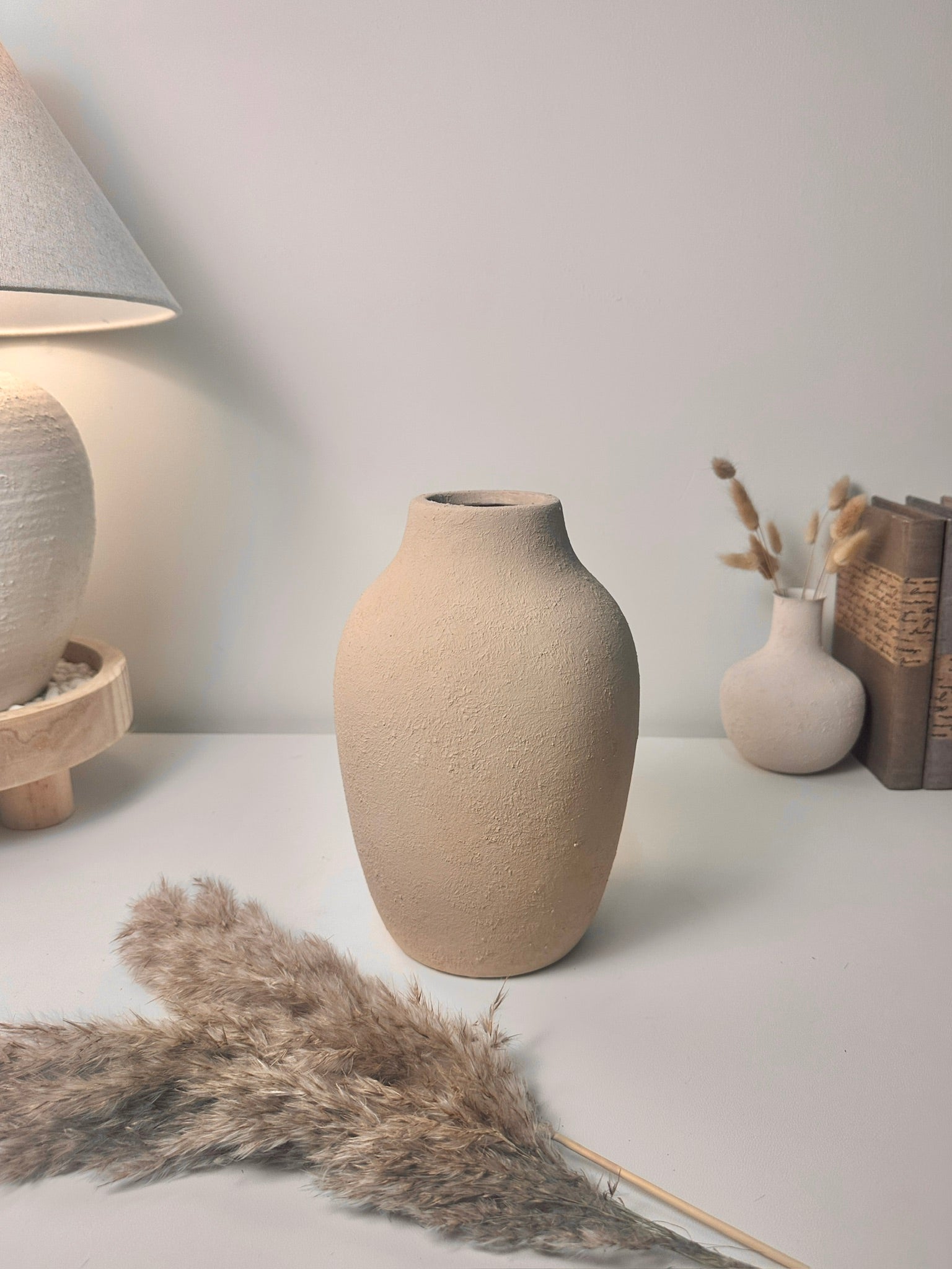 Minimalist Textured and Hand-Painted Ceramic Vase 10.5" tall -  Sand Tan