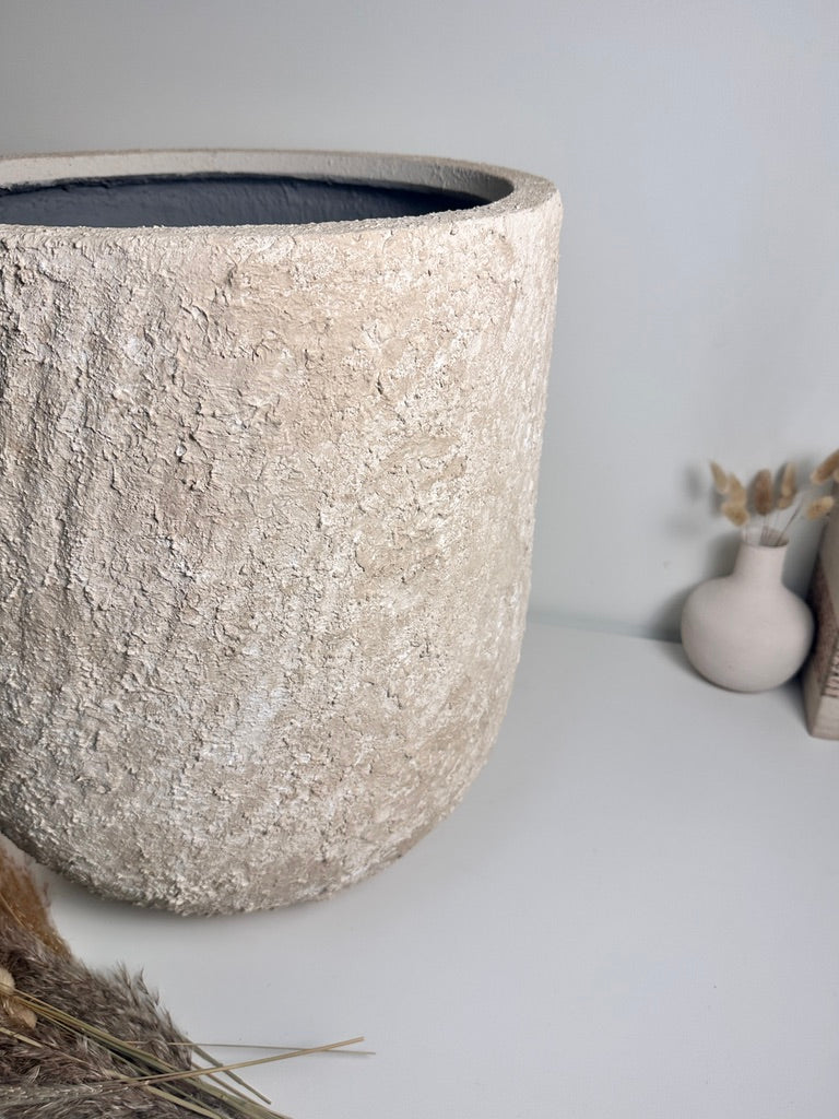 Minimalist Hand-Painted & Textured Planter Pot 17.5" tall with drainage hole one time creation - cream sand washed