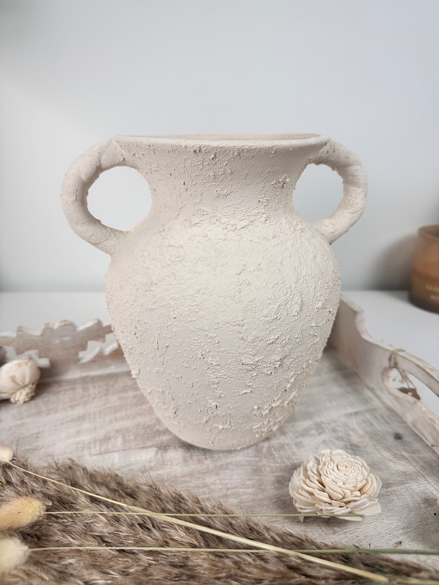 Minimalist Hand-Painted/Textured Ceramic Vase with 2 handles - 9" tall - Cream
