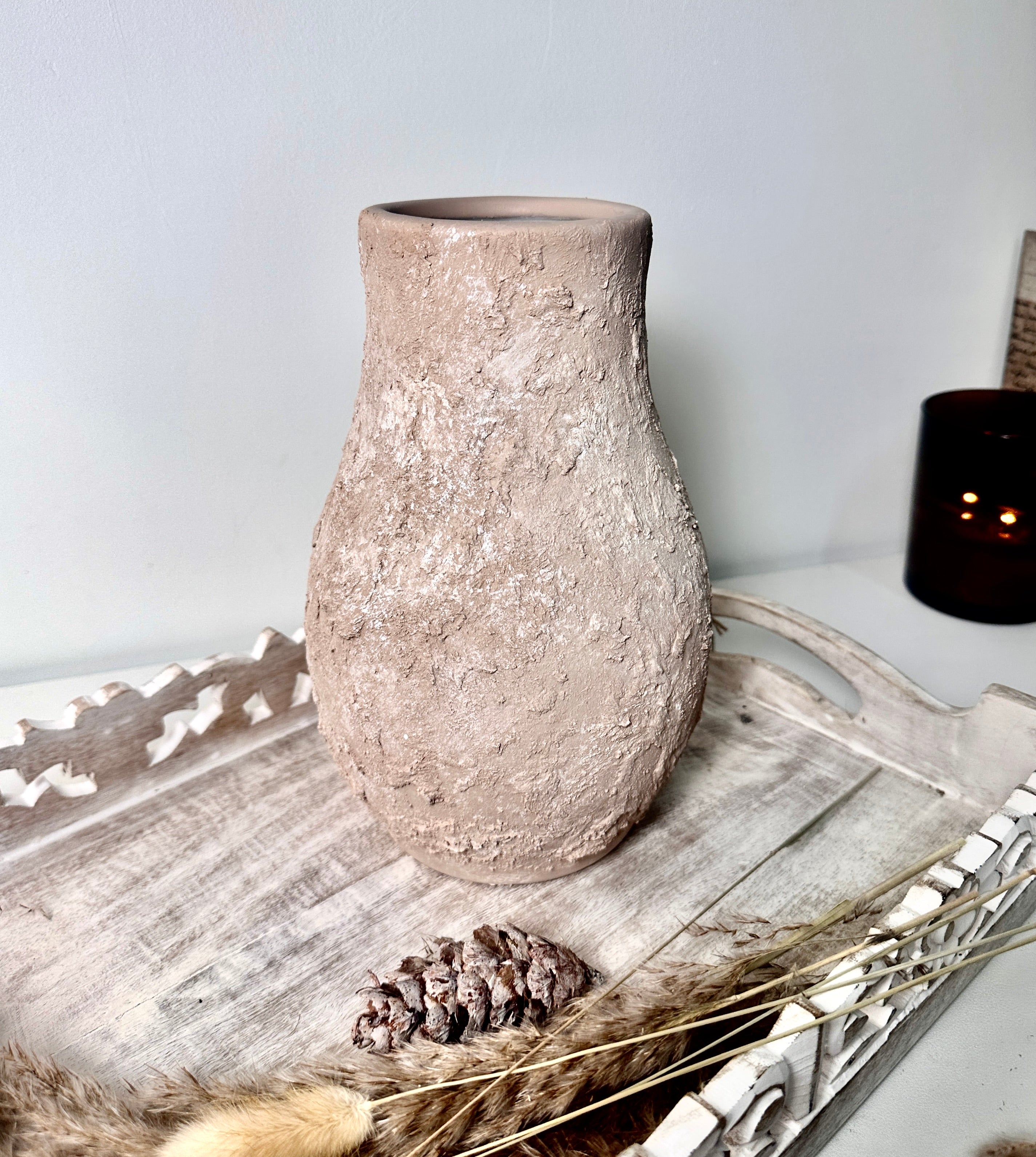 Rustic Ceramic Vase Textured Hand-Painted 10" tall - Light Beige Wash