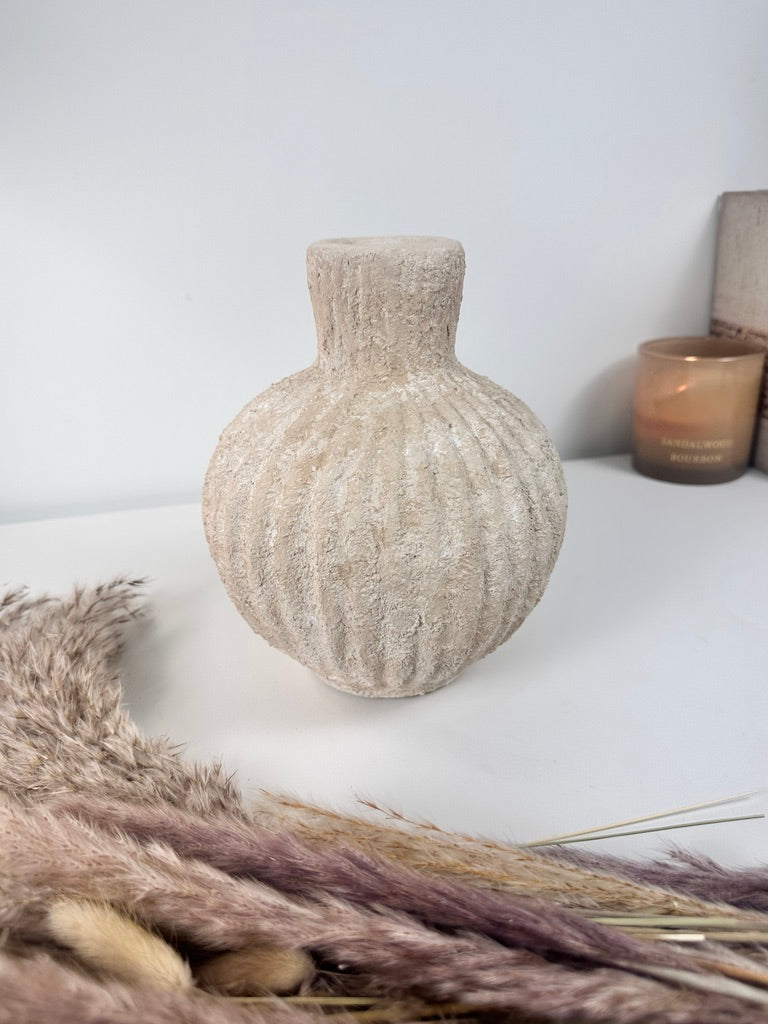 Rustic Minimalist Textured Hand-painted Ceramic Vase 8" tall - Beige Sand Washed