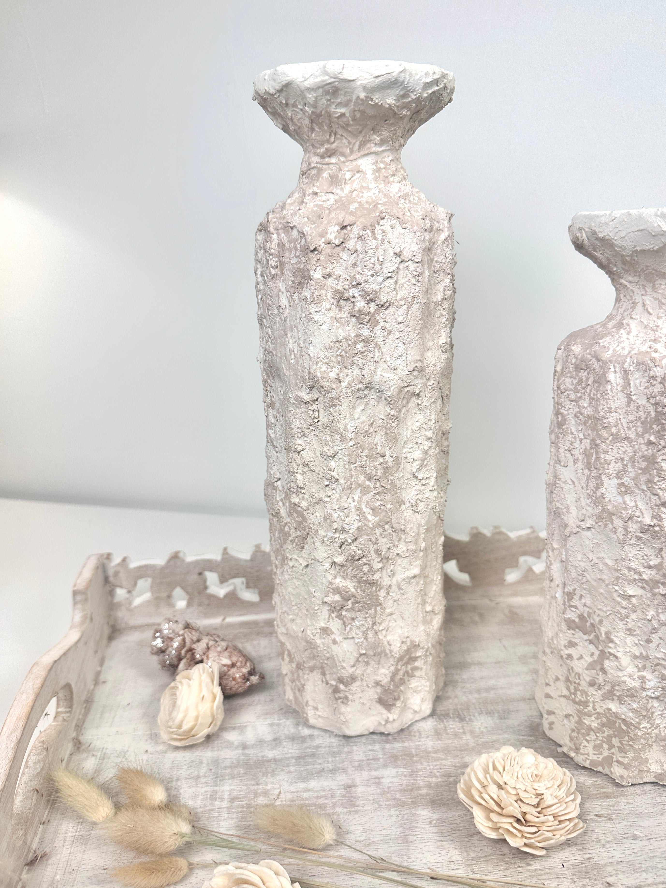 Minimalist Set of 2 Candle Holders Textured Hand-Painted - Cream Sand (10.5x4x4", 13x4x4")