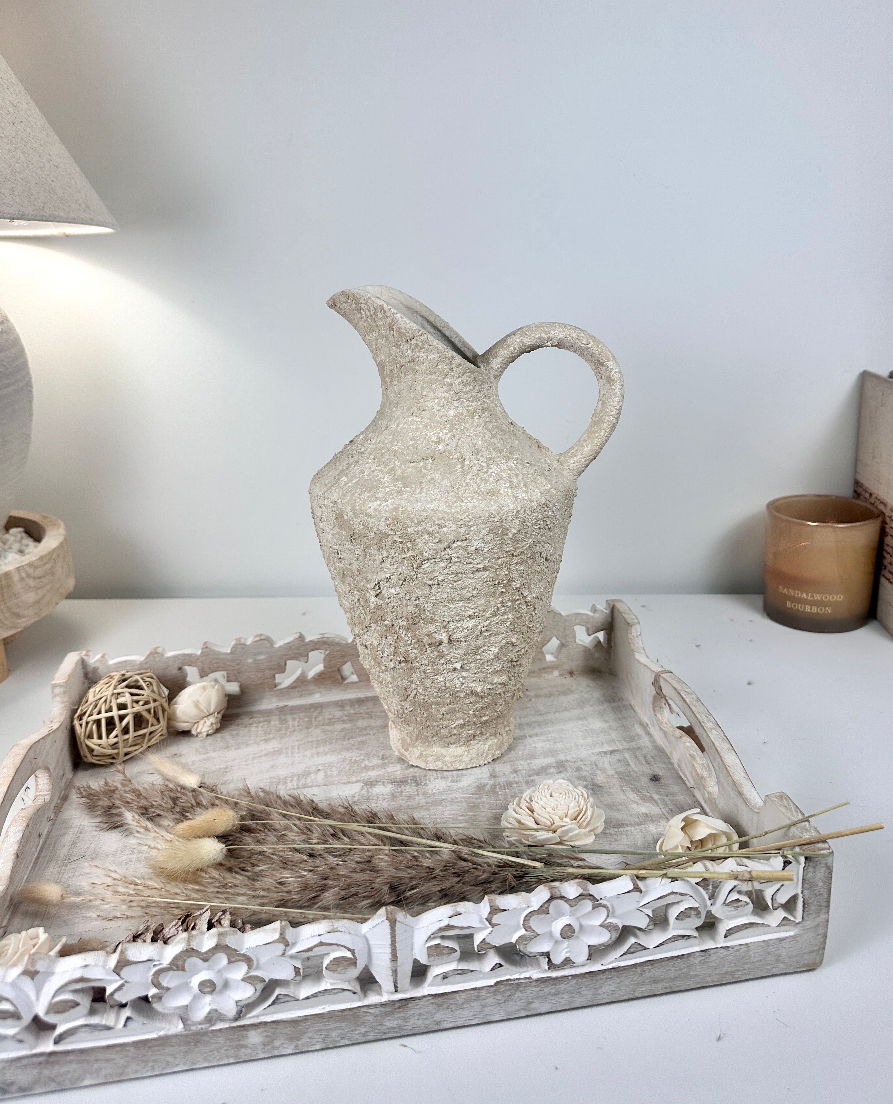 Decorative Textured Hand-painted Pitcher Vase Cream Sand washed 12"