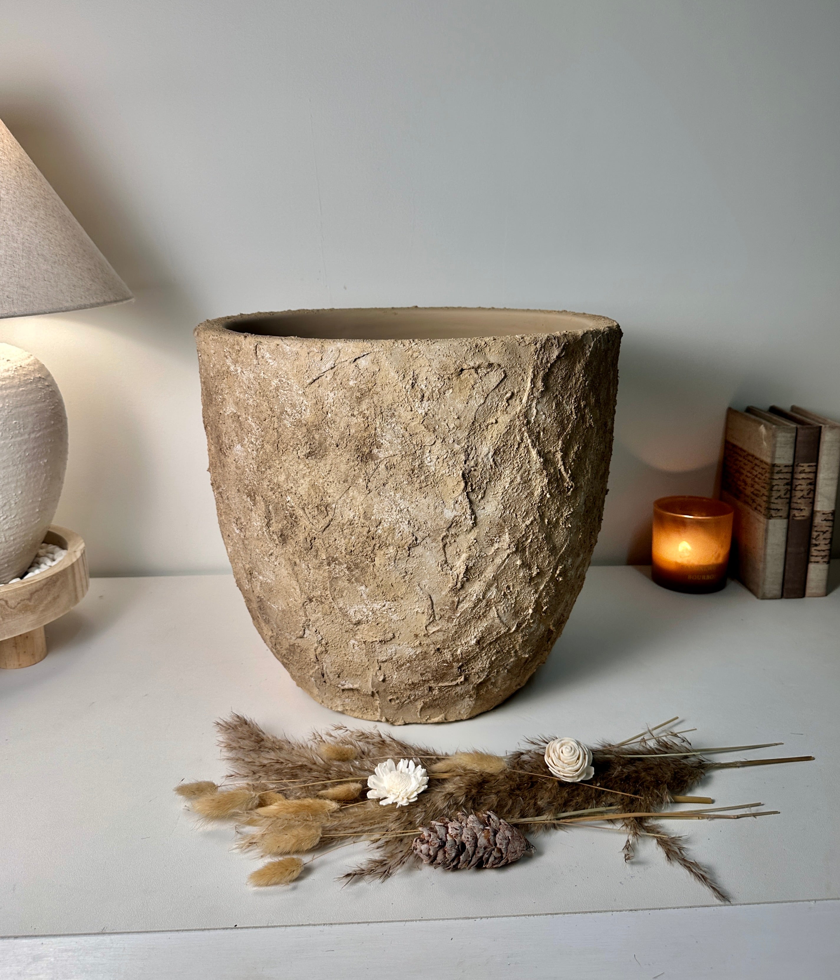 Rustic Hand-Painted & Textured Planter Pot 14" tall with drainage hole one time creation - Espresso Brown