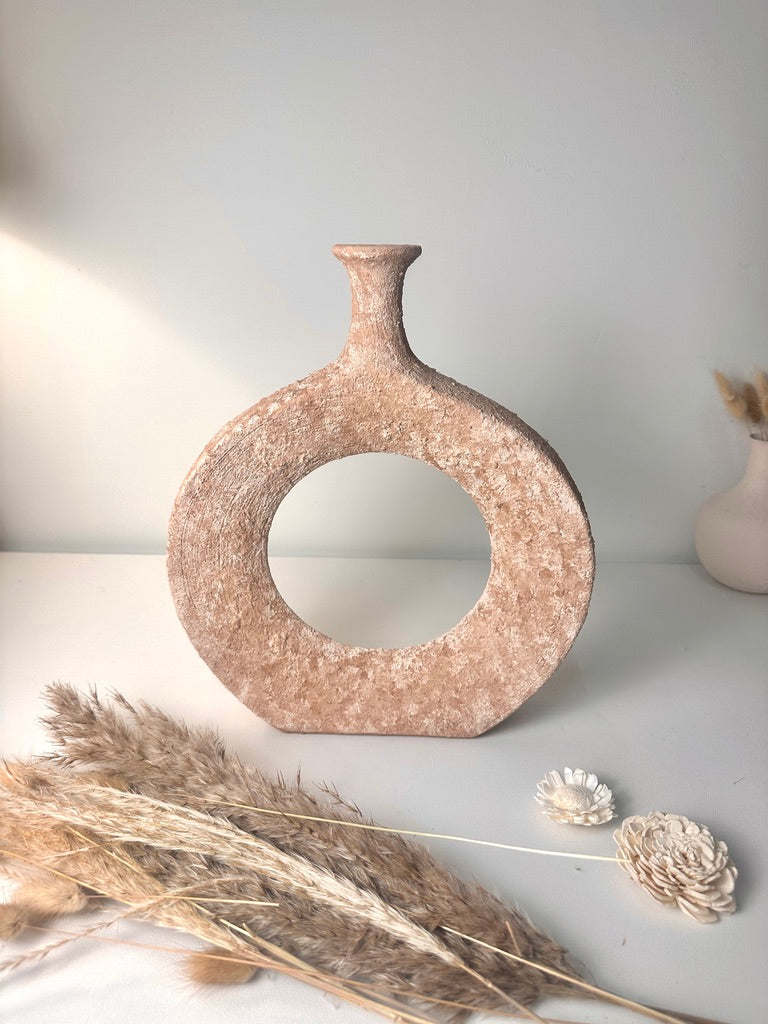 Terracotta Hand-Painted Textured Donut Metal Vase 12" tall