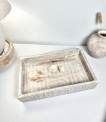 Boho Handmade Serving Wooden Tray Whitewash Finish with Stripes 12x10x2.5”