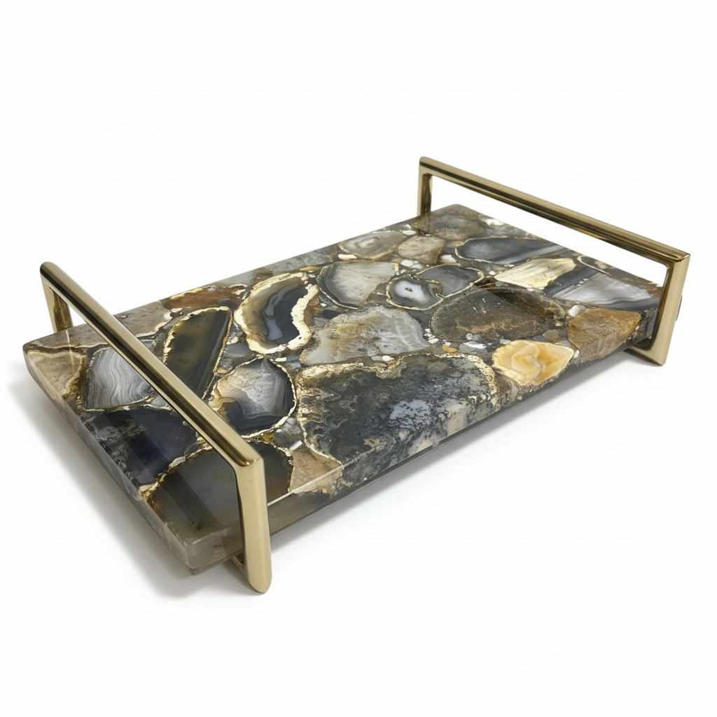 Gemstone mosaic style tray with Gold handle
