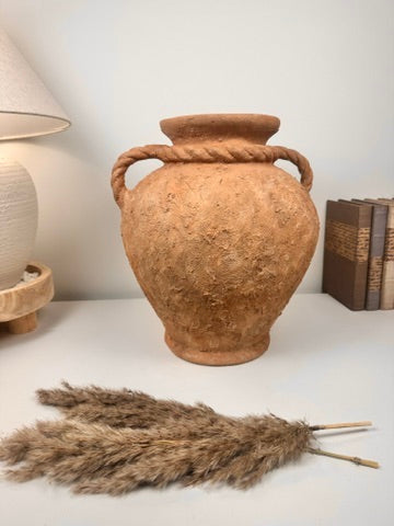 Stunning Roman Style Ceramic Vase Textured and Hand-Painted 15" tall - Brown Terracotta Color