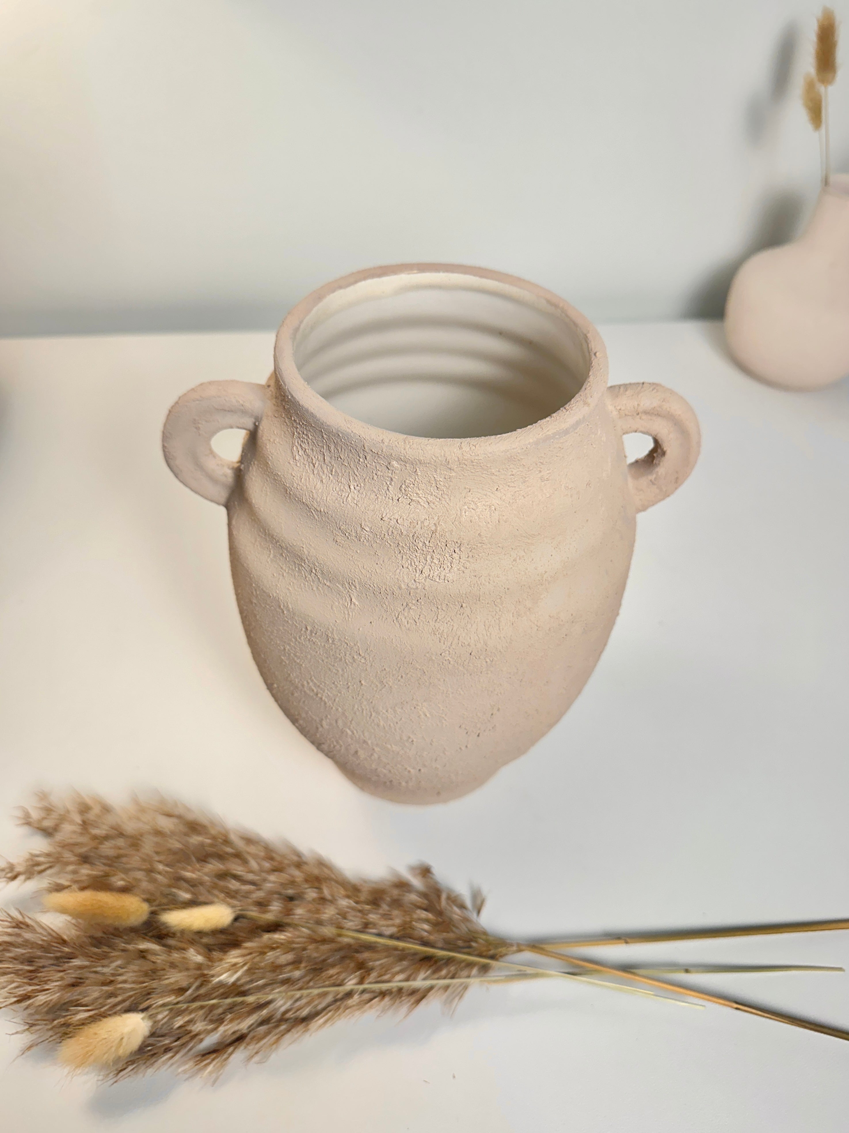Minimalist Ceramic Textured Vase with 2 handles 9" tall - Tan