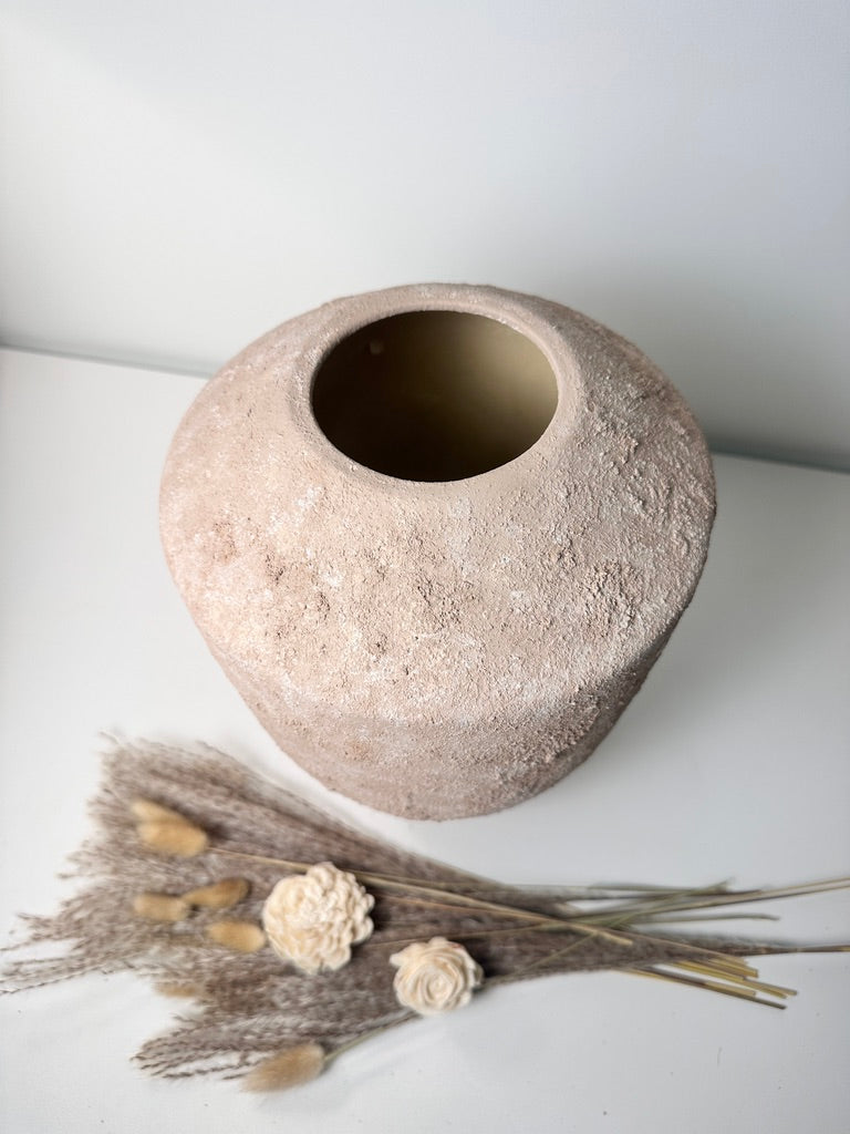 Rustic Minimalist Textured Hand-Painted Ceramic Vase 12" - Light Beige Wash