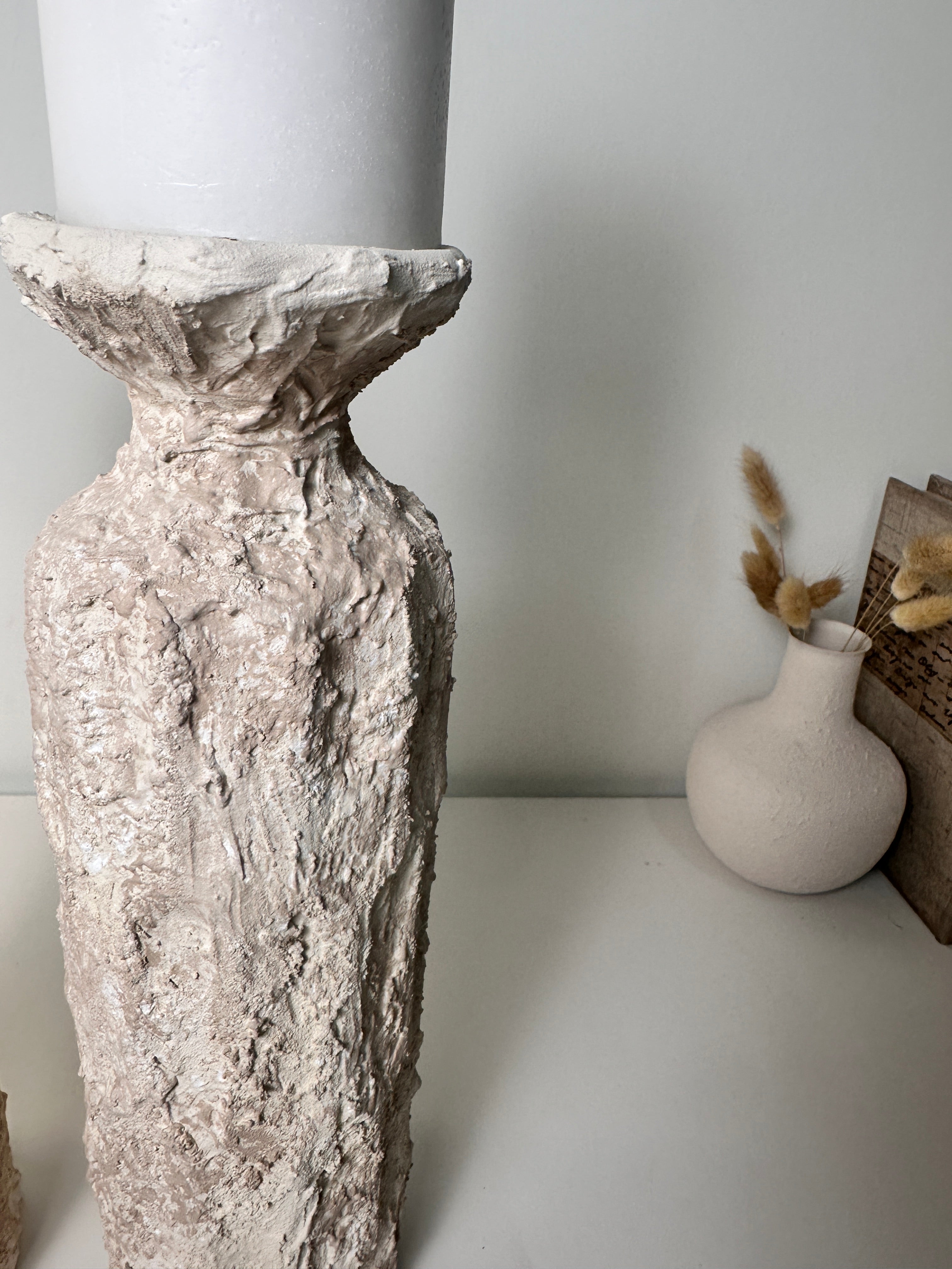 Minimalist Set of 2 Candle Holders Textured Hand-Painted - Cream Sand (10.5x4x4", 13x4x4")
