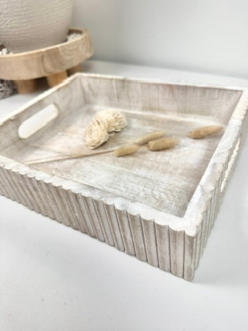 Boho Handmade Serving Wooden Tray Whitewash Finish with Stripes 12x10x2.5”