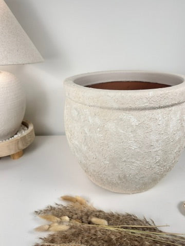 Minimalist Hand-Painted & Textured Planter Pot 12" tall with drainage hole one time creation - Cream wash
