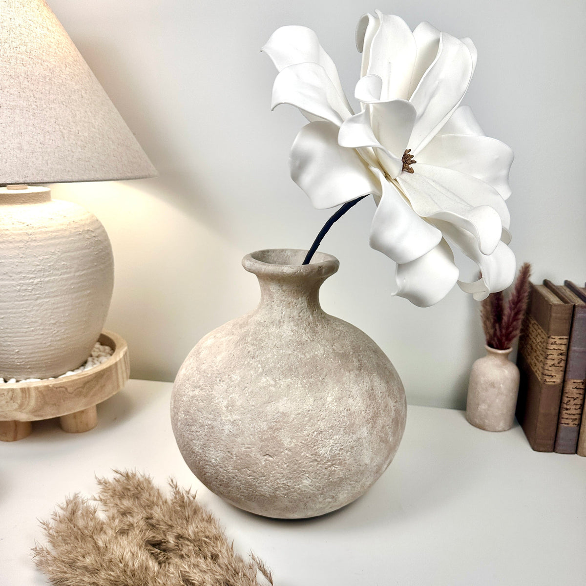 Minimalist Hand-Painted Ceramic Round Bottle Vase 11" tall -  Beige Washed