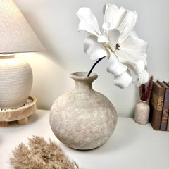 Minimalist Hand-Painted Ceramic Round Bottle Vase 11" tall -  Beige Washed