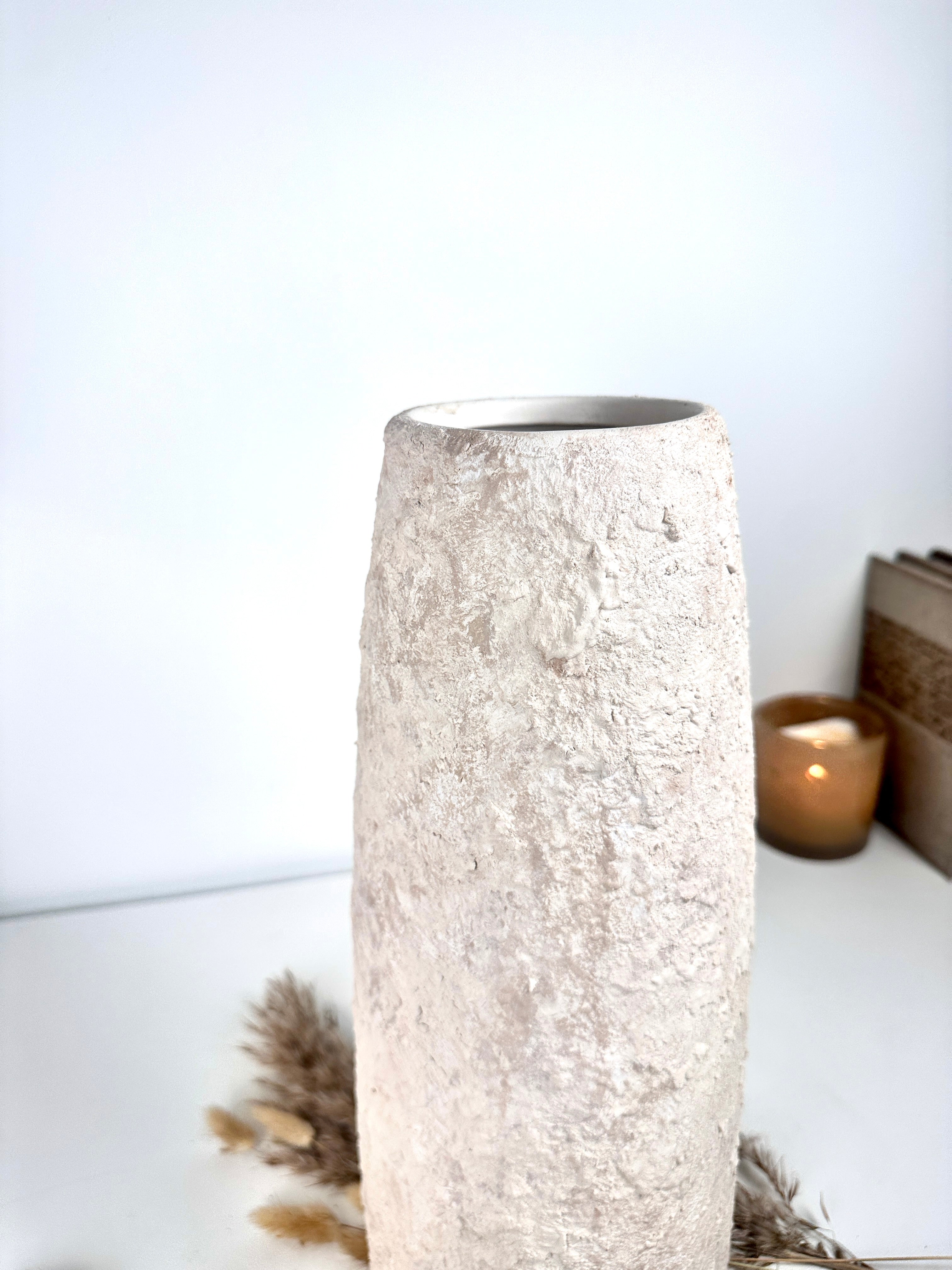 Minimalist Textured Hand-painted Ceramic Vase 15" tall - Cream Sand washed