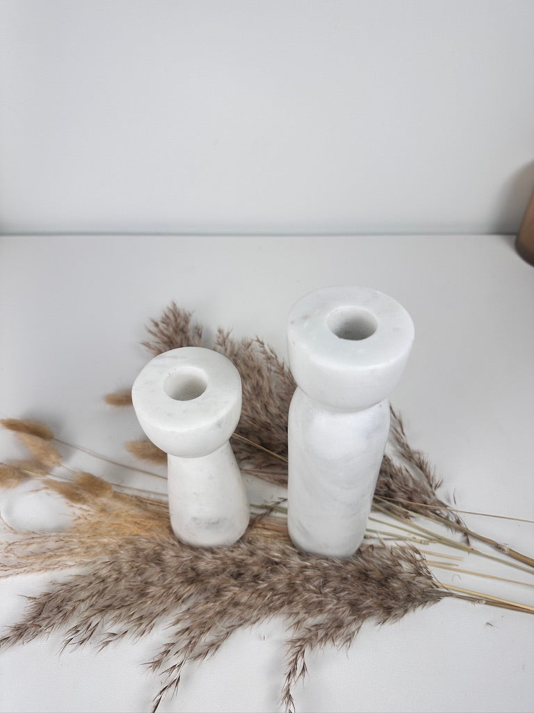 Set of 2 Marble Candle Holders (6x2x2" 8x2x2")  - White