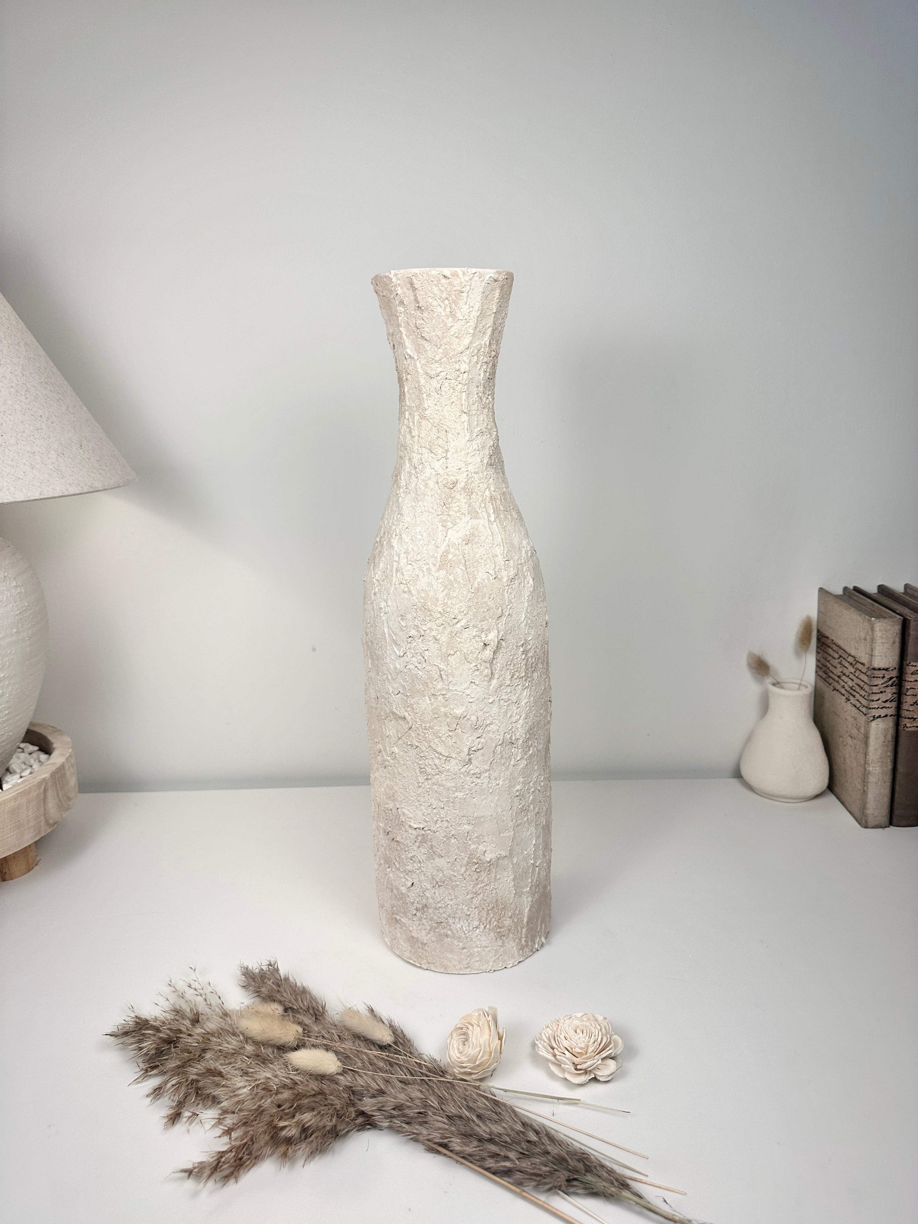 Minimalist Art Piece Floor Vase 19.5" tall - textured and hand-painted - off white