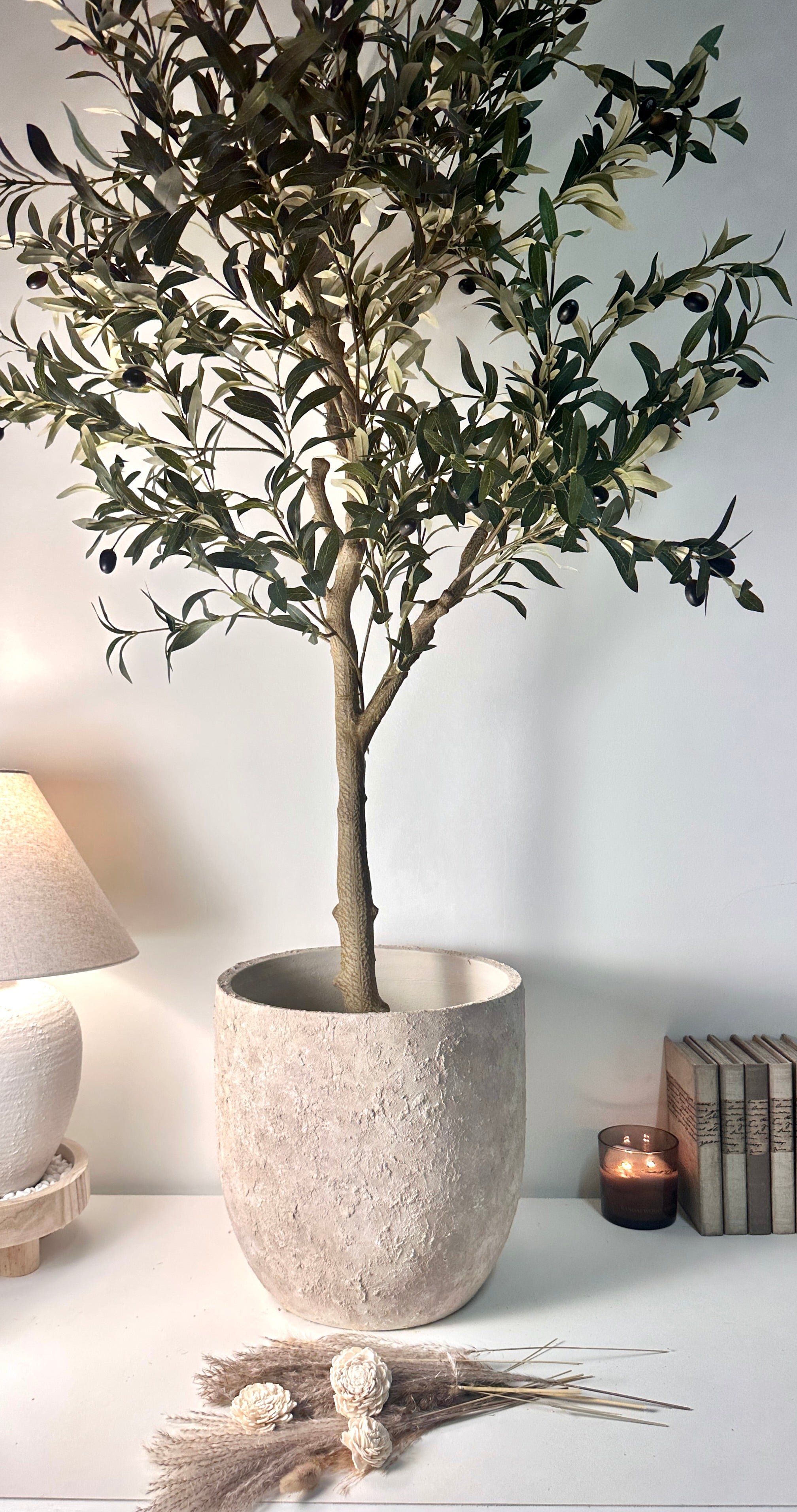 13.5" tall Minimalist Hand-Painted & Textured Planter Pot with drainage hole - French Beige