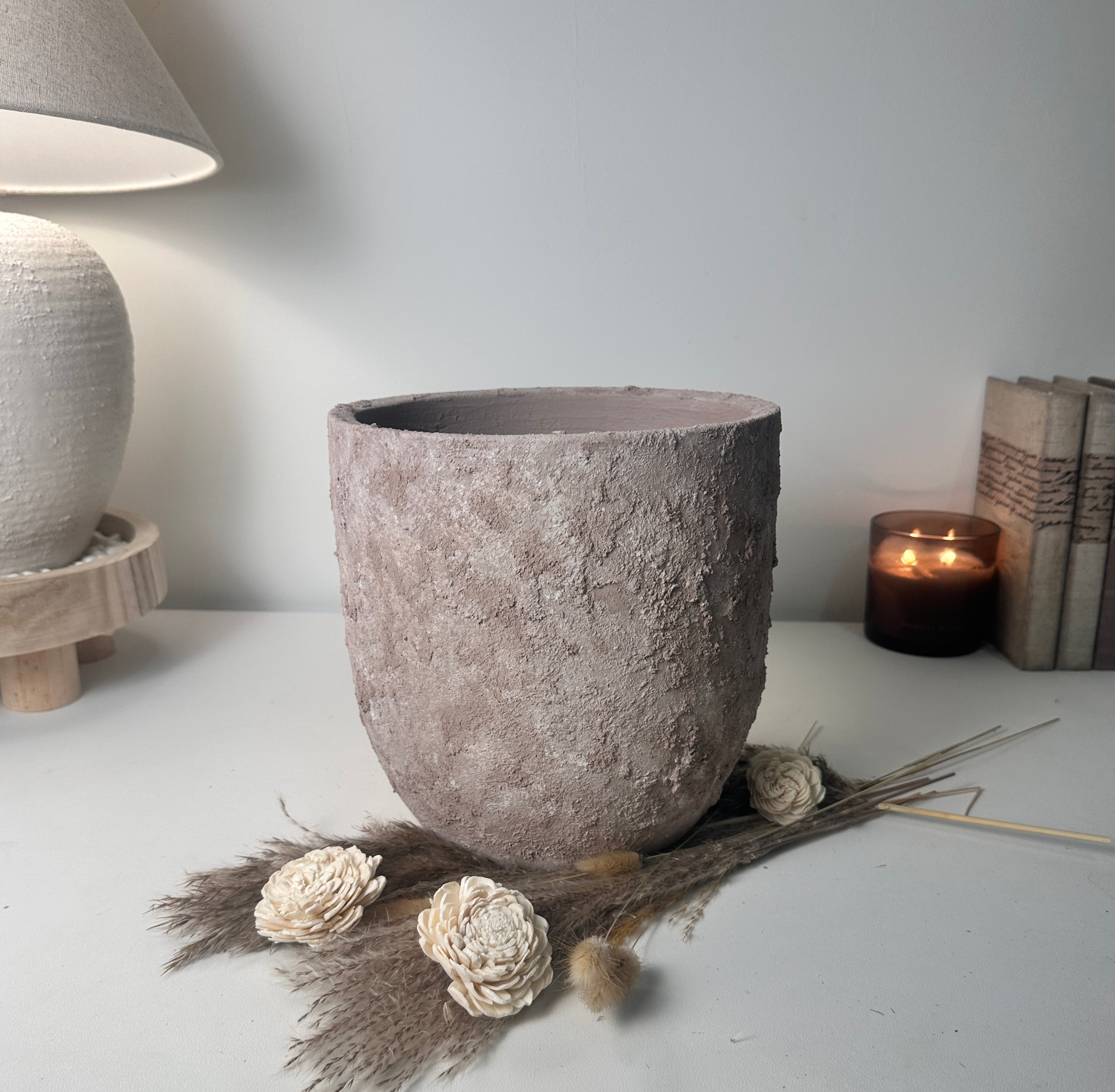 9" tall Minimalist Hand-Painted & Textured Planter Pot with Drainage Hole - Light Coffee Brown