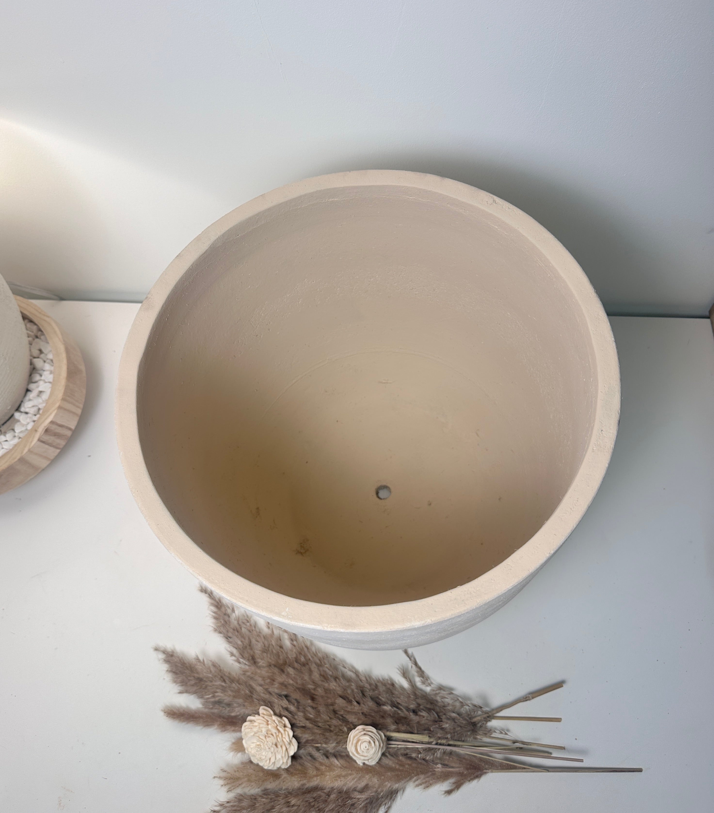 13.5" Minimalist Hand-Painted Planter Pot with Drainage Hole - Cream Ash