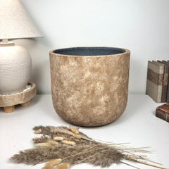 Rustic Hand-Painted & Textured Planter 12" tall with drainage hole one time creation - Brown washed