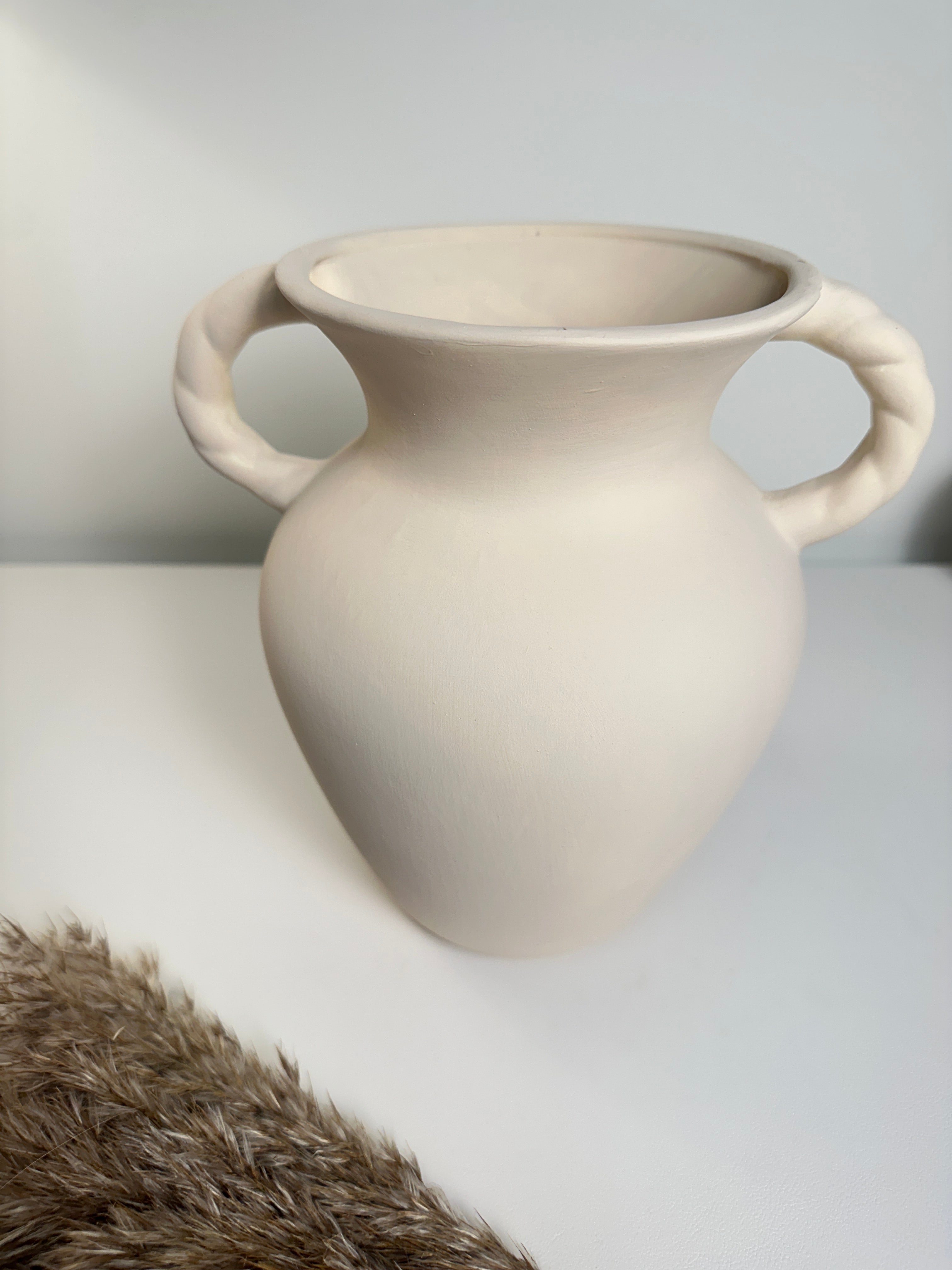 Minimalist Hand-Painted Ceramic Textured Vase 9" - Cream White