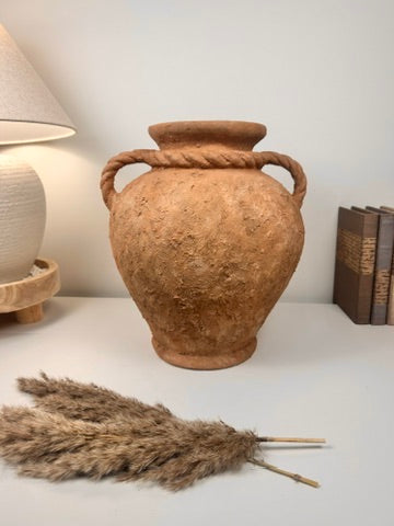 Stunning Roman Style Ceramic Vase Textured and Hand-Painted 15" tall - Brown Terracotta Color