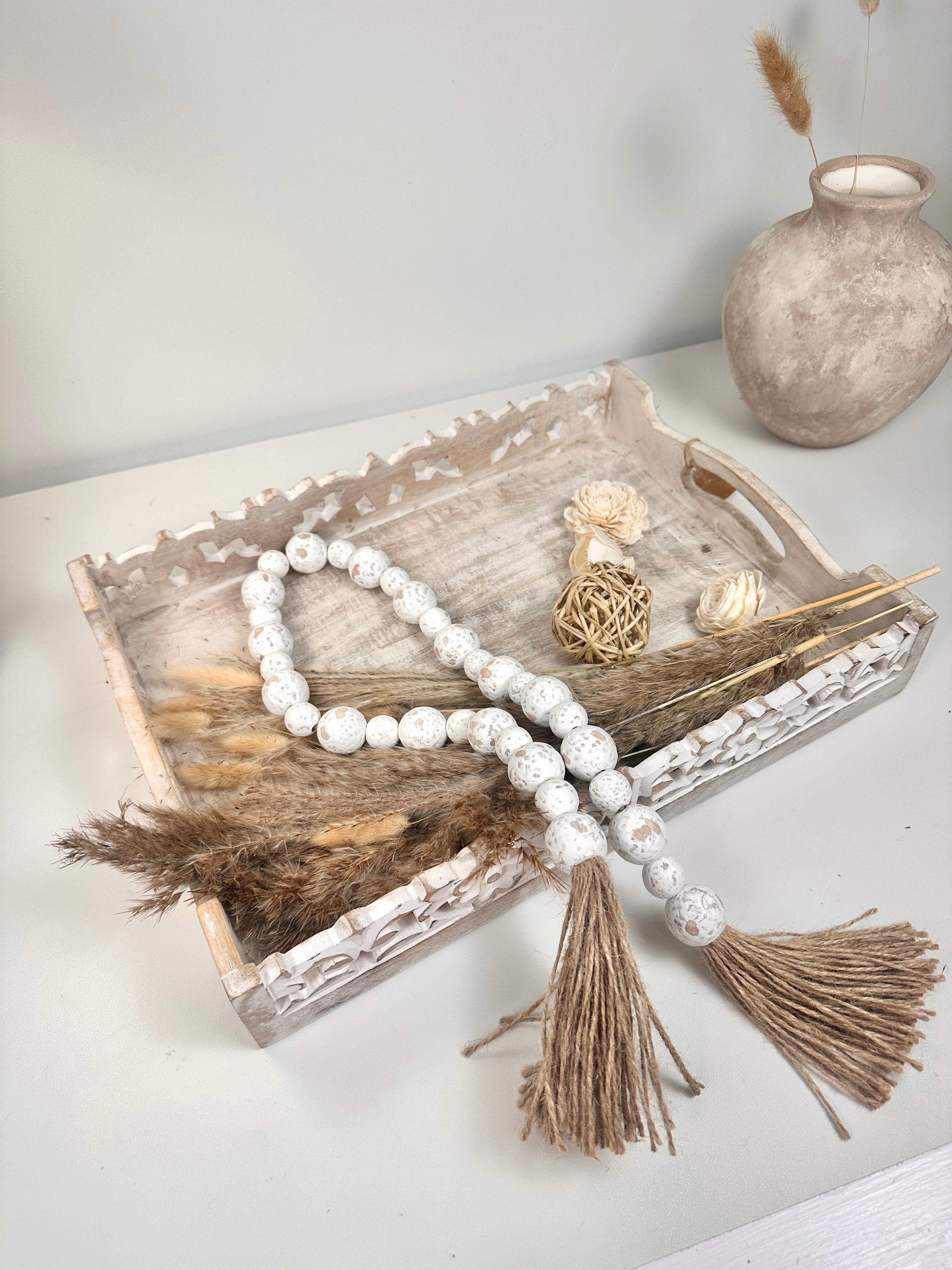 Set of 2 Boho Paulownia Bowl Tray 7"tall Ivory Sand + Wood Bead Garland