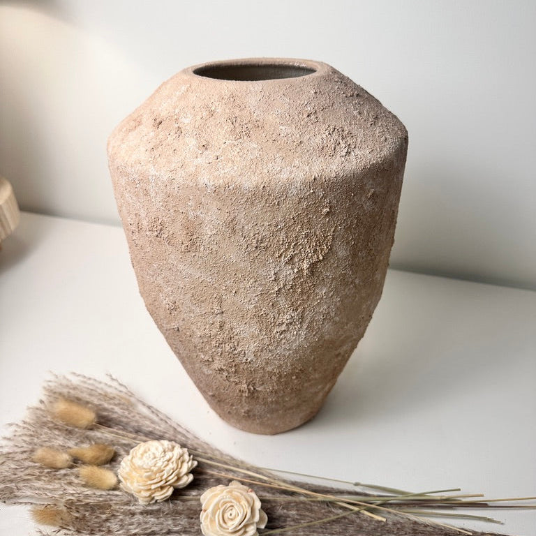 Rustic Minimalist Textured Hand-Painted Ceramic Vase 12" - Light Beige Wash