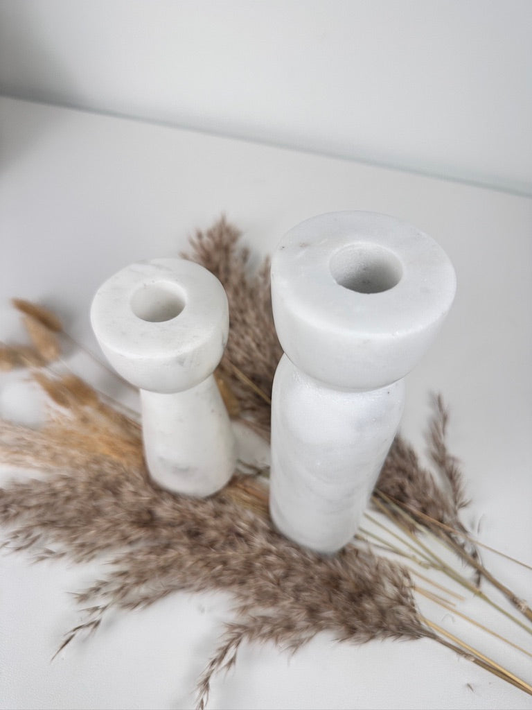 Set of 2 Marble Candle Holders (6x2x2" 8x2x2")  - White