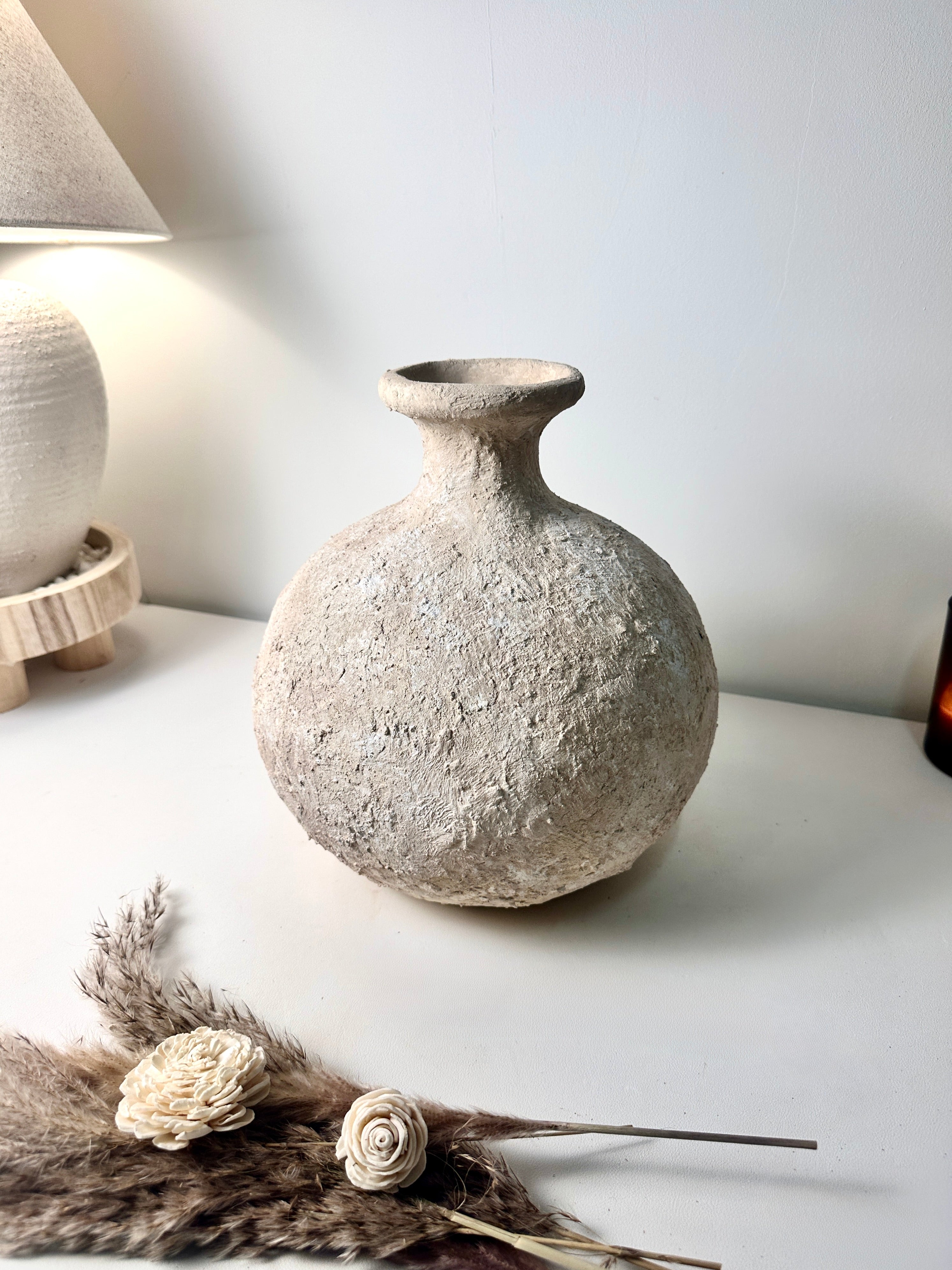 Rustic Hand-Painted Ceramic Round Bottle Vase 12" tall - Cream Sand Wash