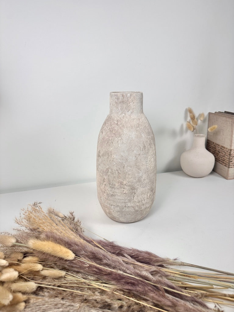 Rustic Hand-Painted/Textured Ceramic Vase 12” tall - beige washed